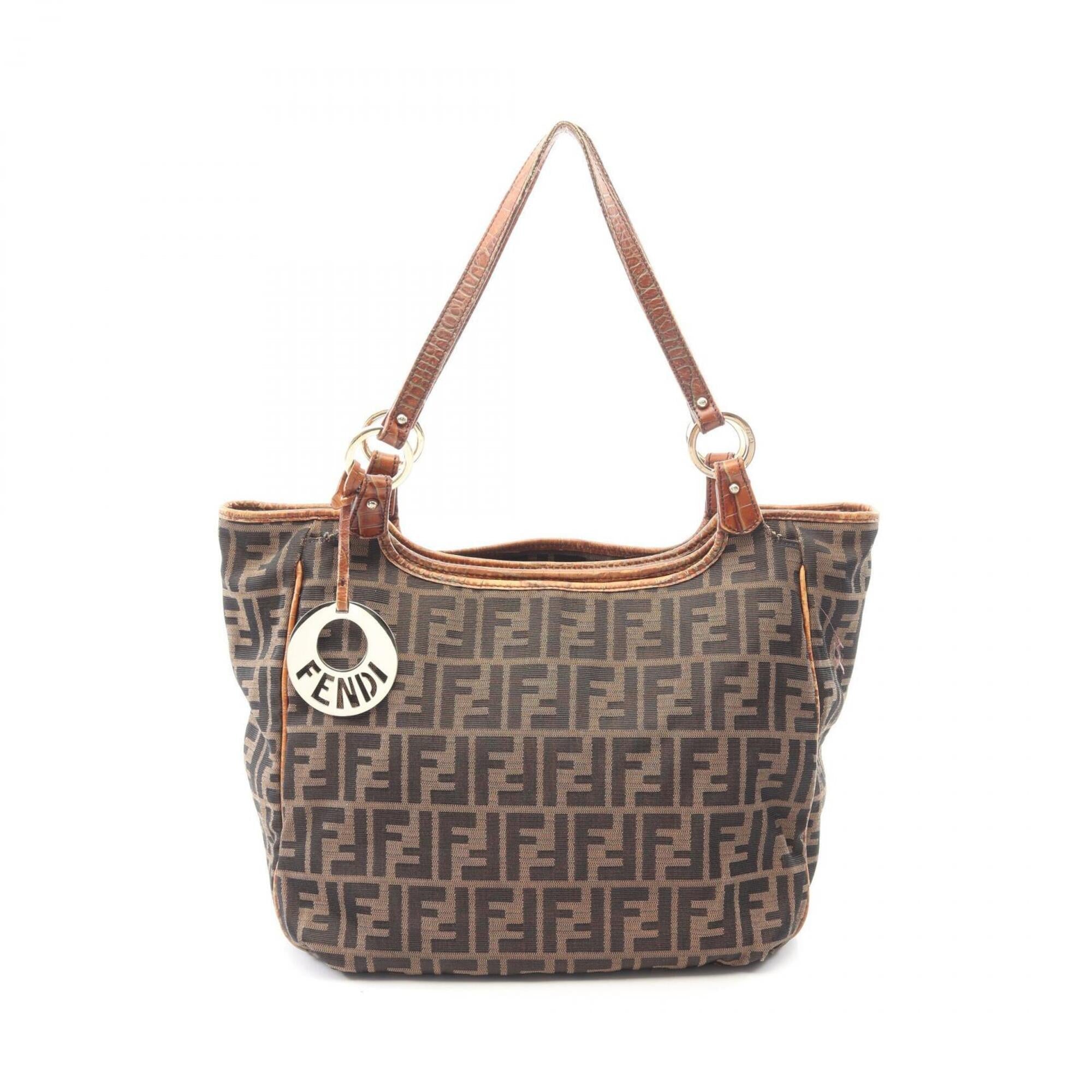 Fendi Brown Leather Nylon Canvas Handbag Tote Bag (Pre-Owned)