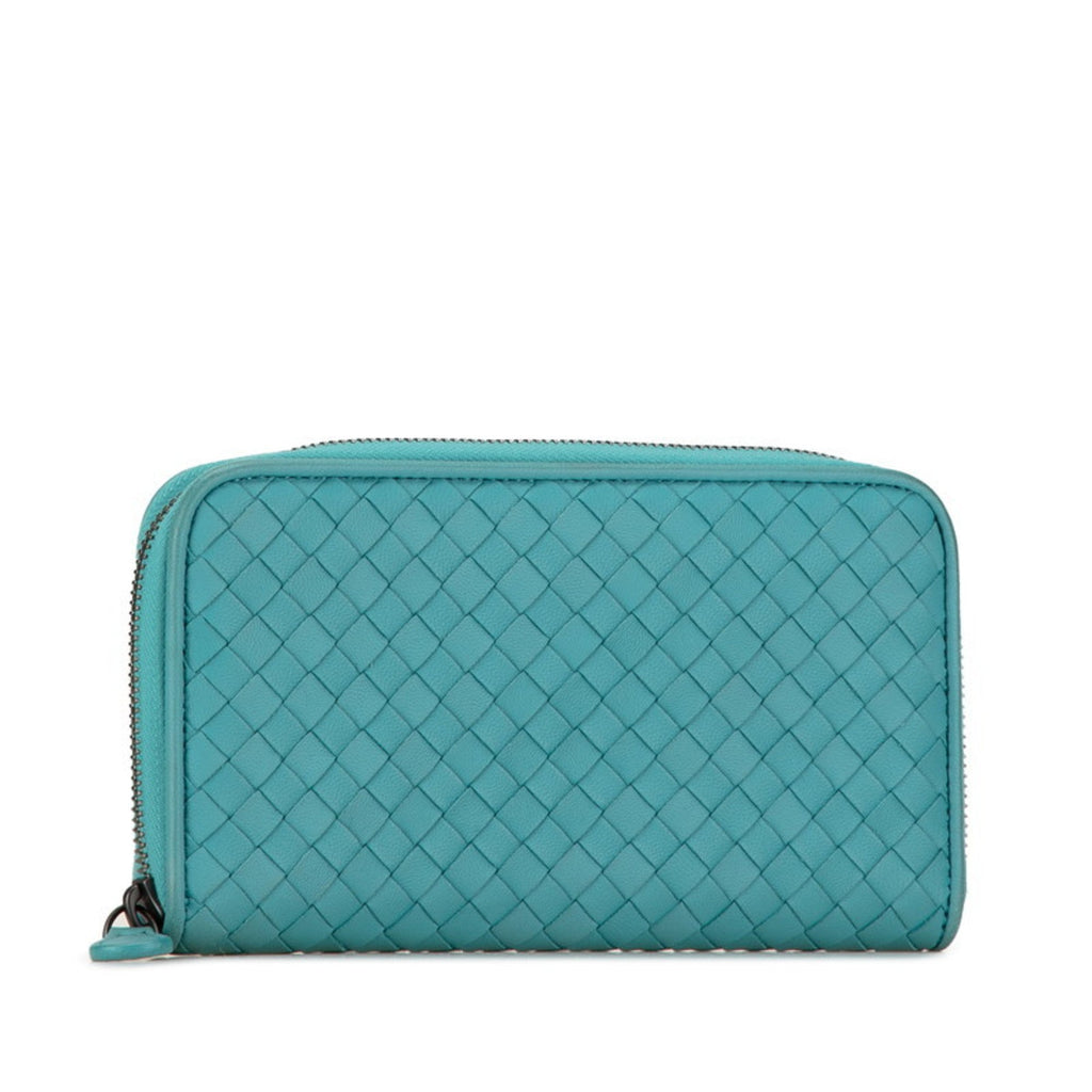 Bottega Veneta Green Light Blue Leather Long Wallet (Bi-Fold) (Pre-Owned)
