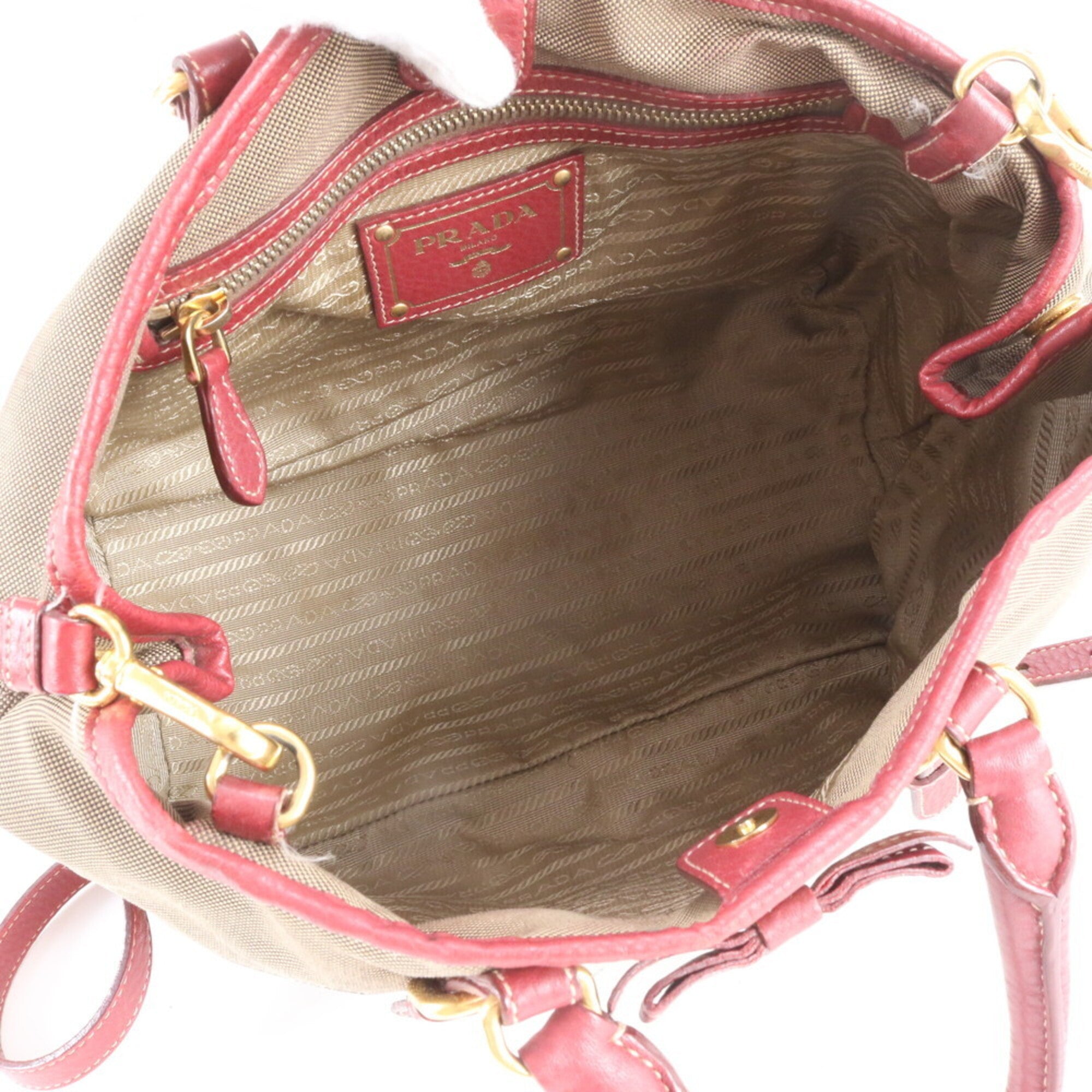 Prada Beige Red Color Leather Handbag Shoulder Bag Tote Bag (Pre-Owned)