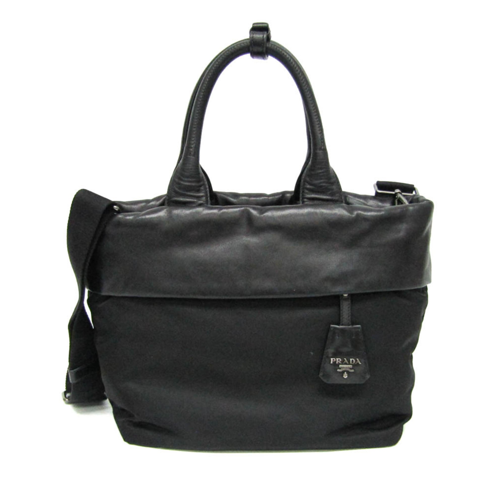 Prada Convertible Double Tote Nappa Leather And Tessuto Black Nylon Handbag (Pre-Owned)