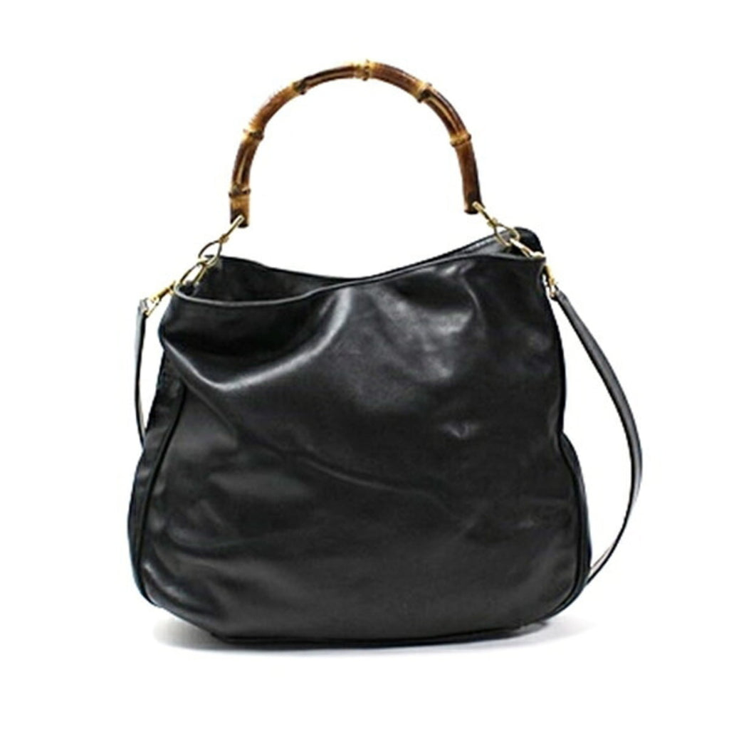 Gucci Bamboo Black Gray Leather Shoulder Bag (Pre-Owned)
