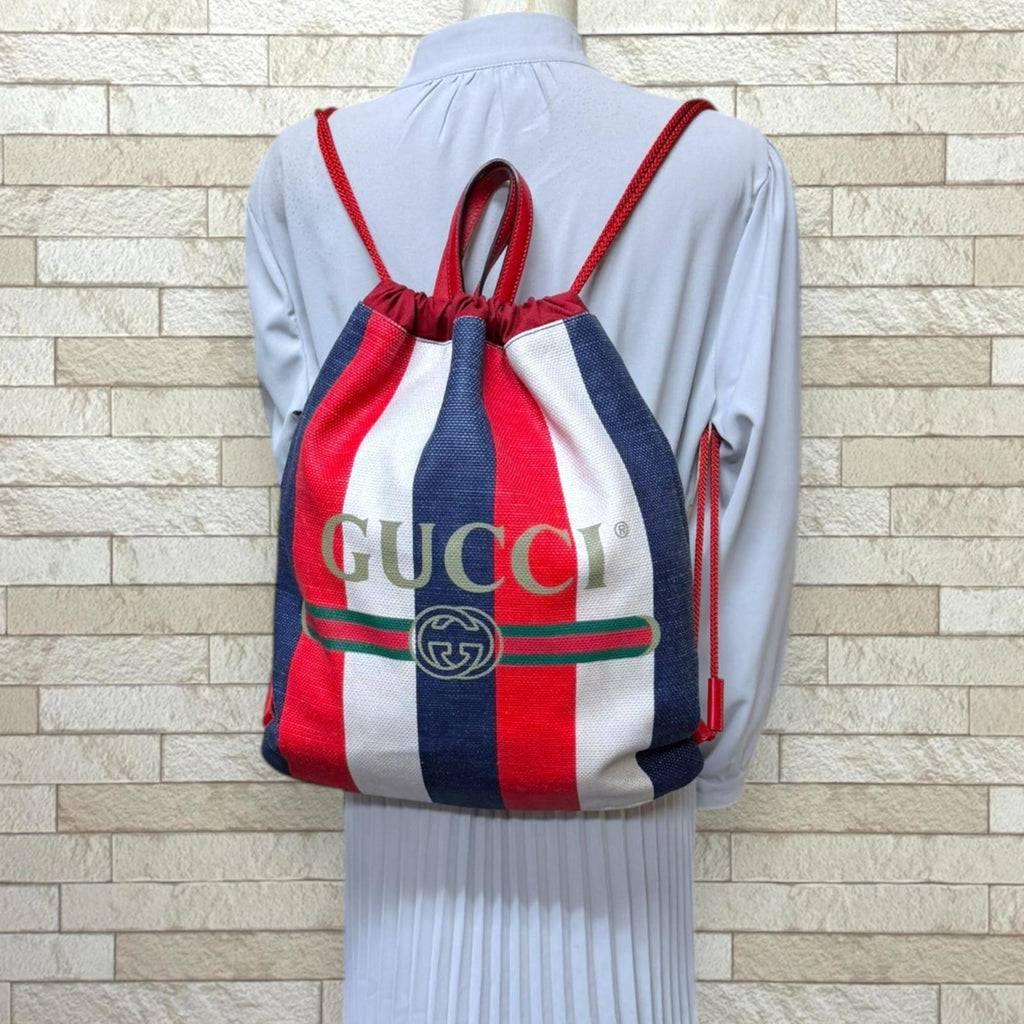 Gucci Blue Red Color White Canvas Leather Backpack (Pre-Owned)
