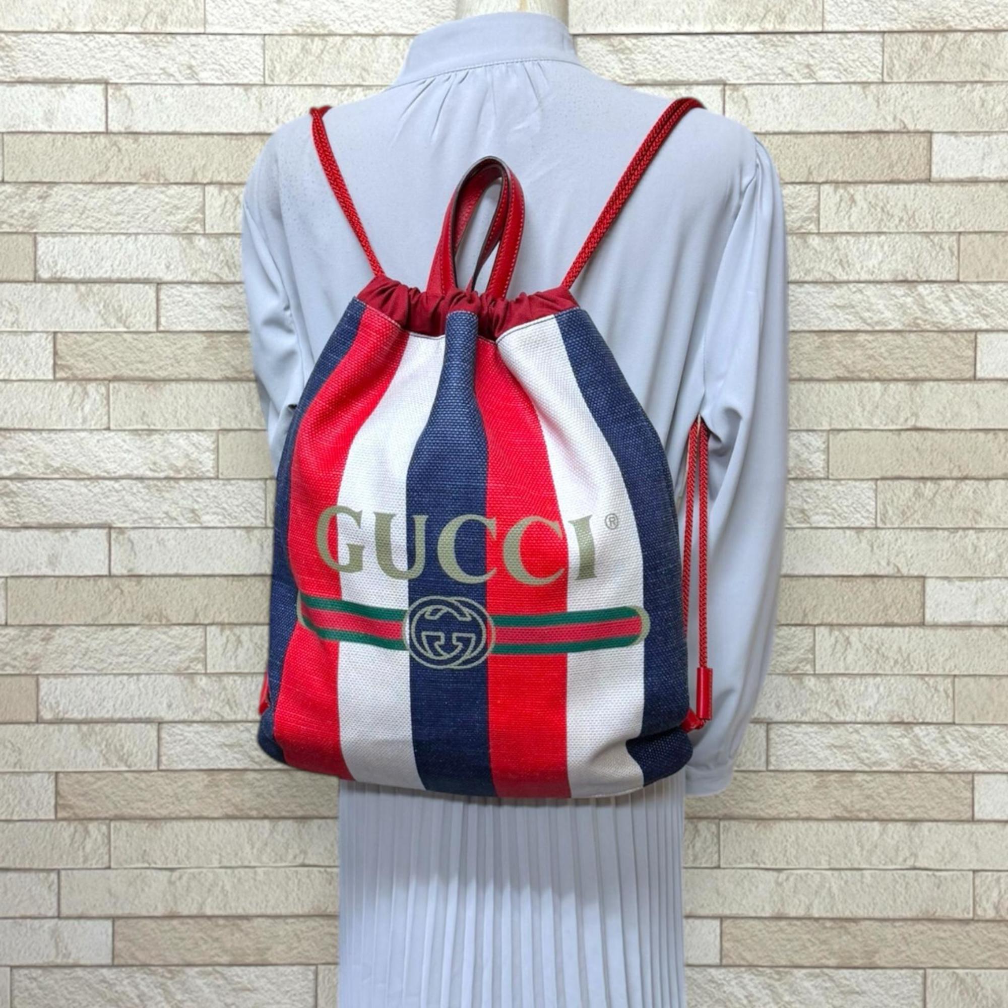 Gucci Blue Red Color White Canvas Leather Backpack (Pre-Owned)