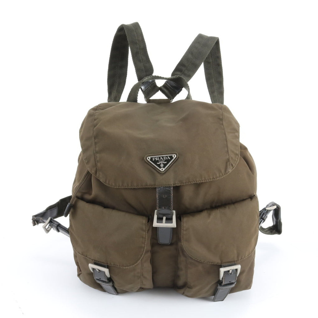 Prada Brown Green Khaki Nylon Leather Backpack (Pre-Owned)