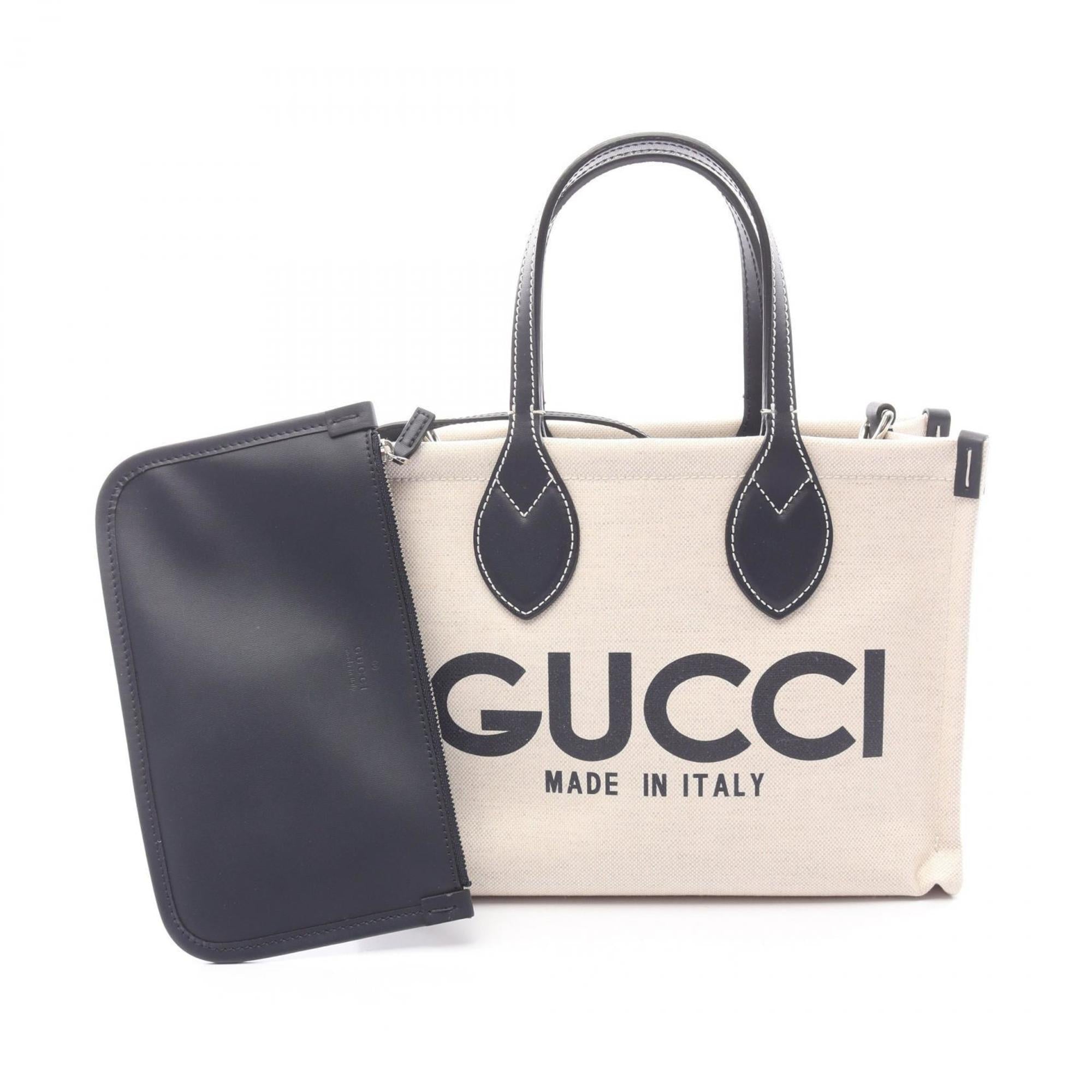 Gucci Ivory Navy Canvas Leather Pouch Tote Bag (Pre-Owned)