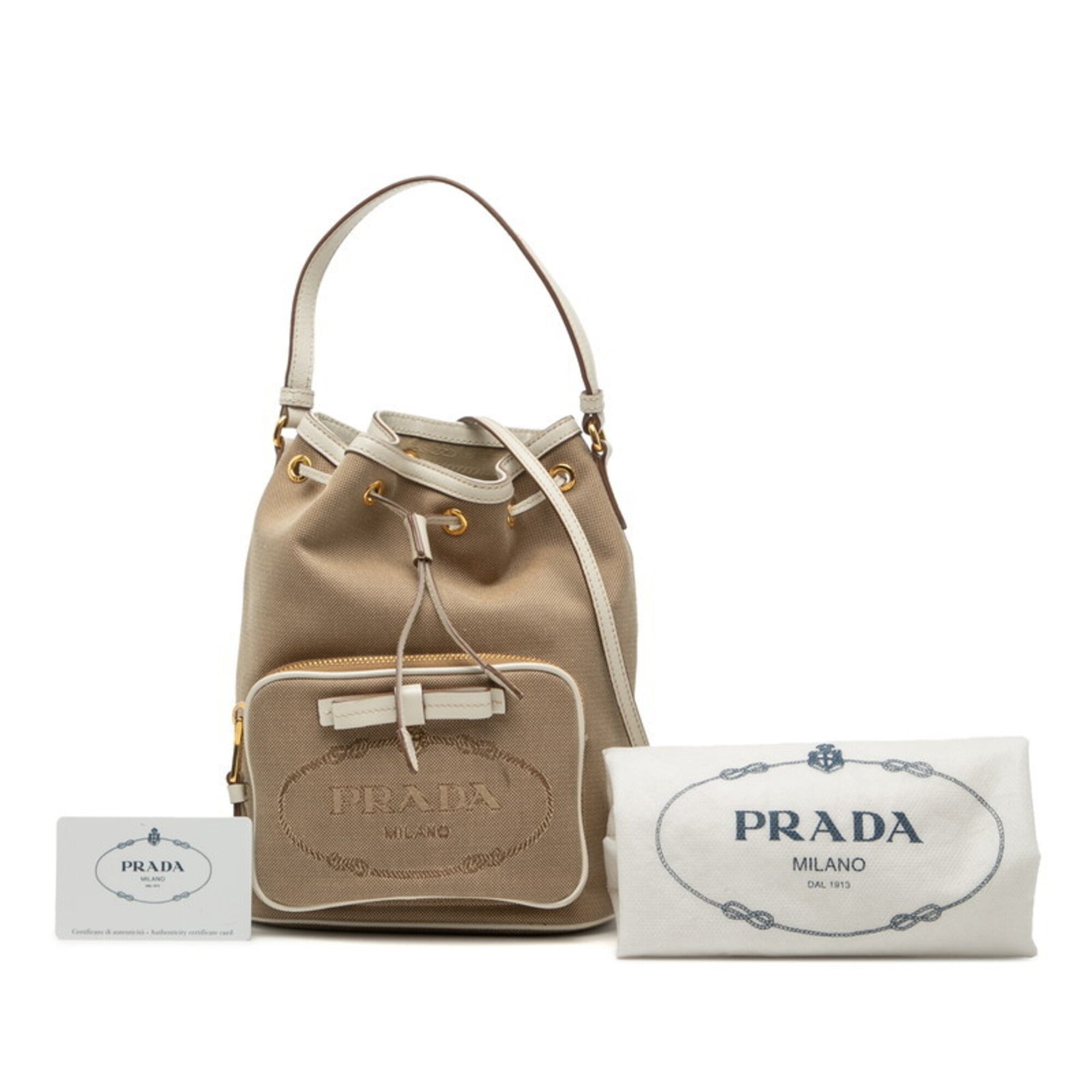 Prada Beige White Canvas Leather Handbag Shoulder Bag (Pre-Owned)