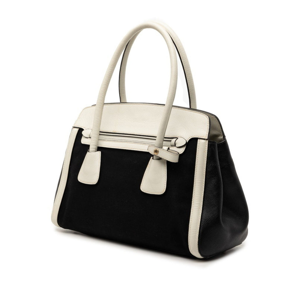 Prada Black White Canvas Leather Handbag (Pre-Owned)
