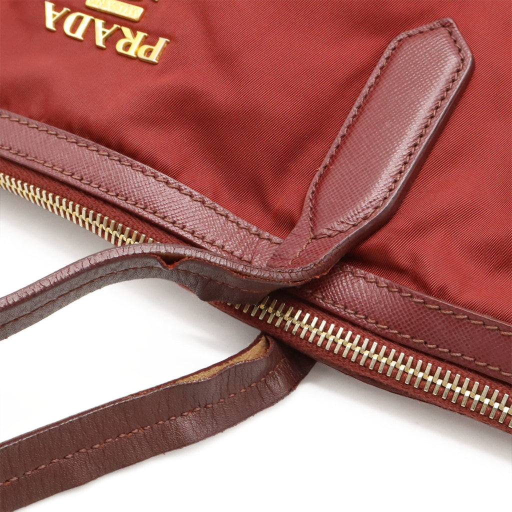 Prada Red Color Wine Nylon Leather Shoulder Bag Tote Bag (Pre-Owned)