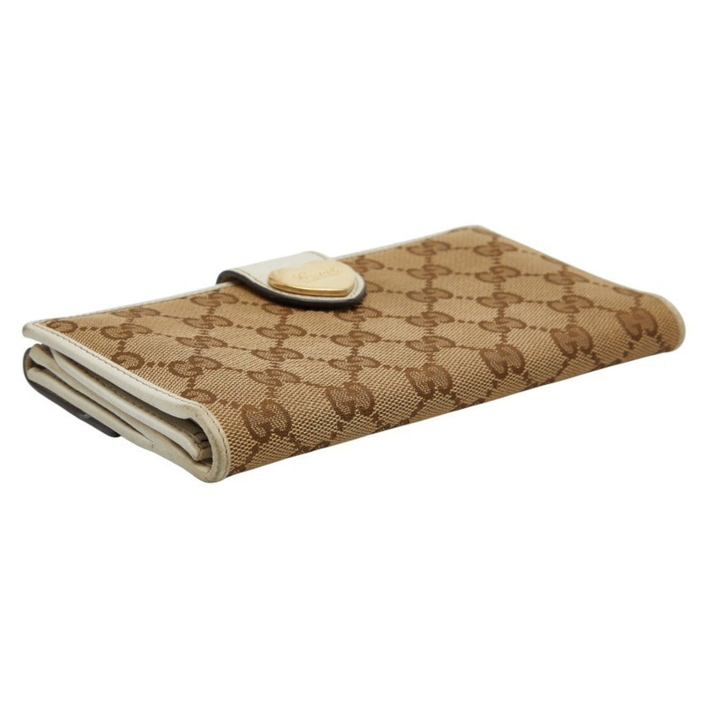 Gucci Beige White Canvas Leather Long Wallet (Bi-Fold) (Pre-Owned)