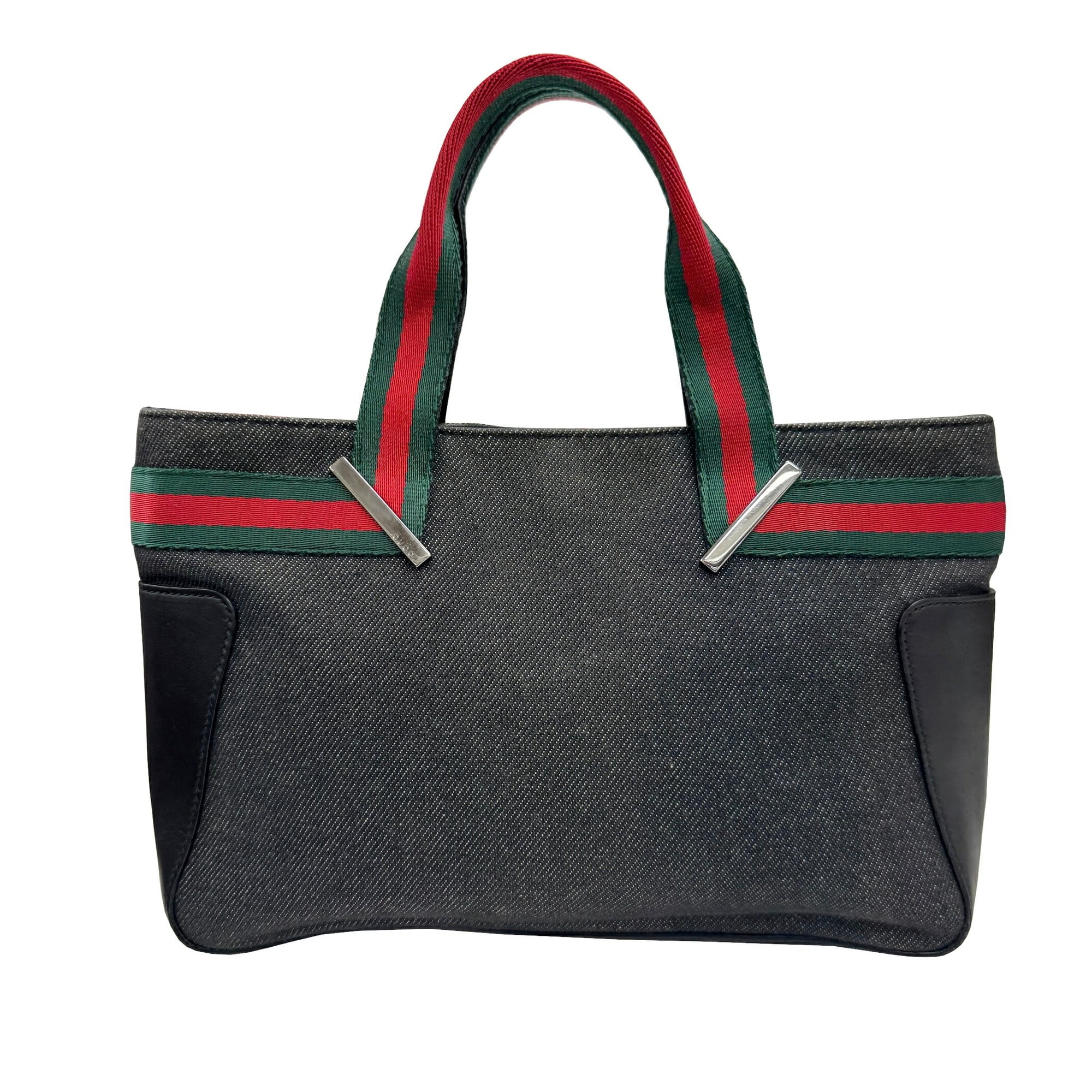 Gucci Sherry Line Black Denim Leather Handbag Tote Bag (Pre-Owned)
