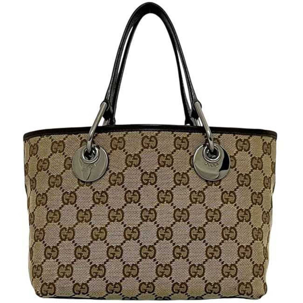 Gucci Beige Brown Canvas Leather Handbag Tote Bag (Pre-Owned)
