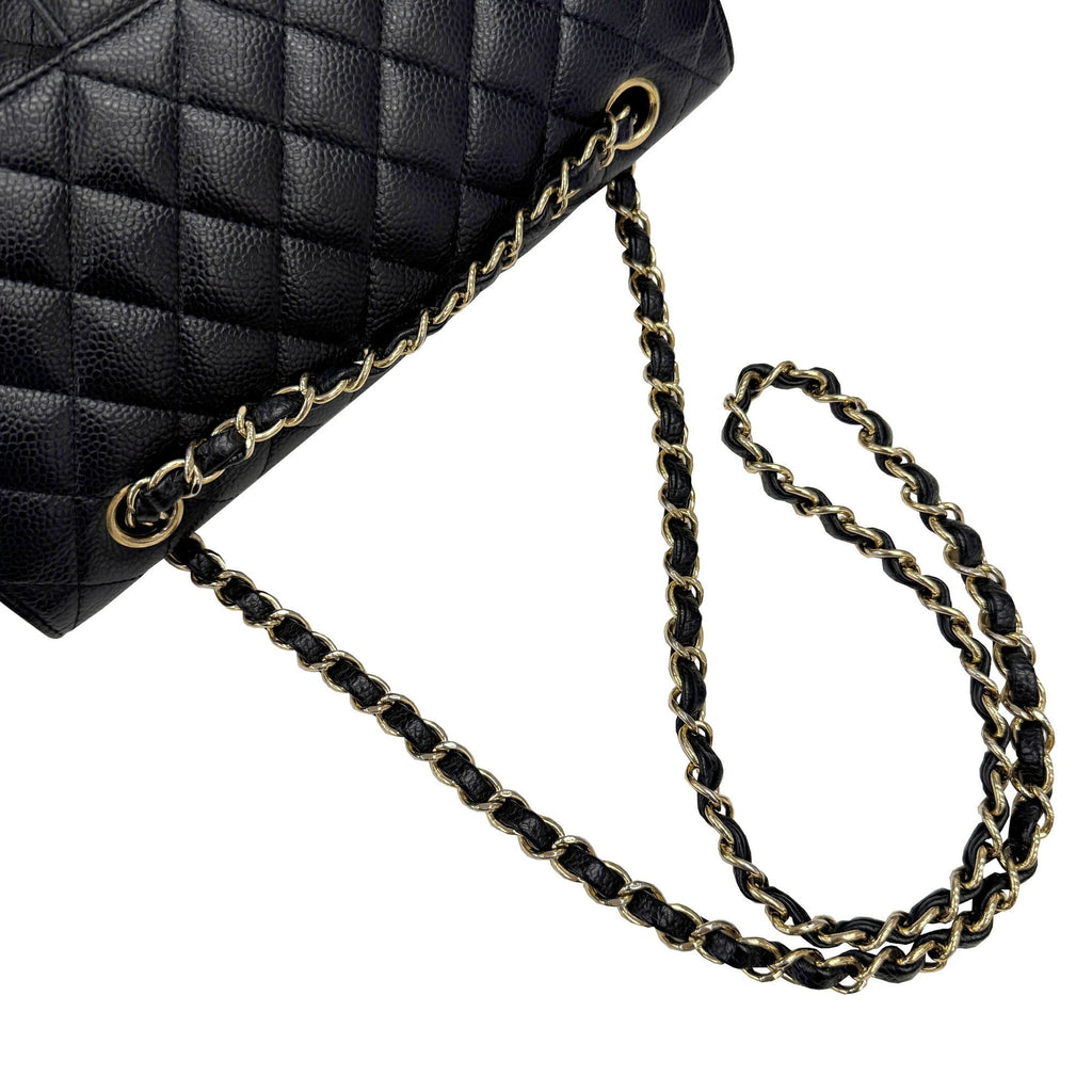 Chanel Gold Black Grained Calfskin Leather Chain/Shoulder Wallet (Pre-Owned)