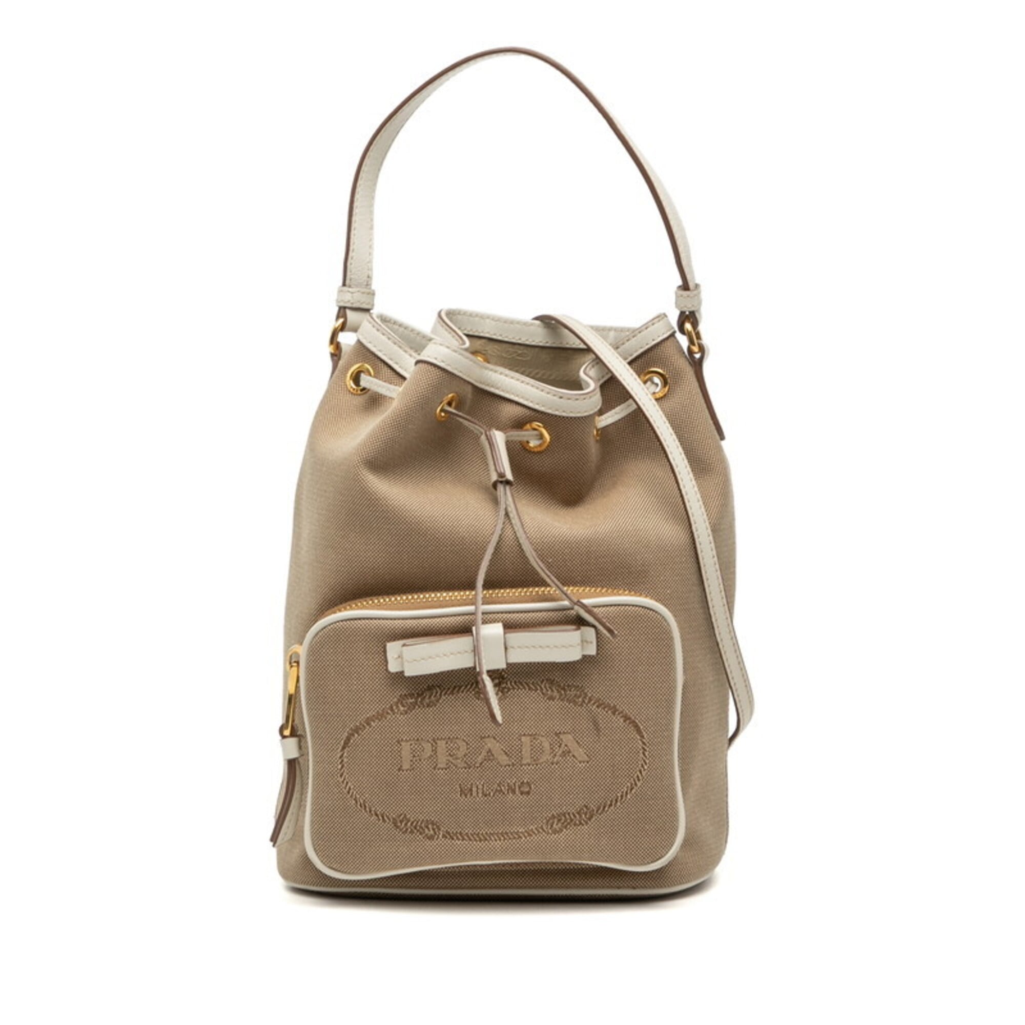 Prada Beige White Canvas Leather Handbag Shoulder Bag (Pre-Owned)