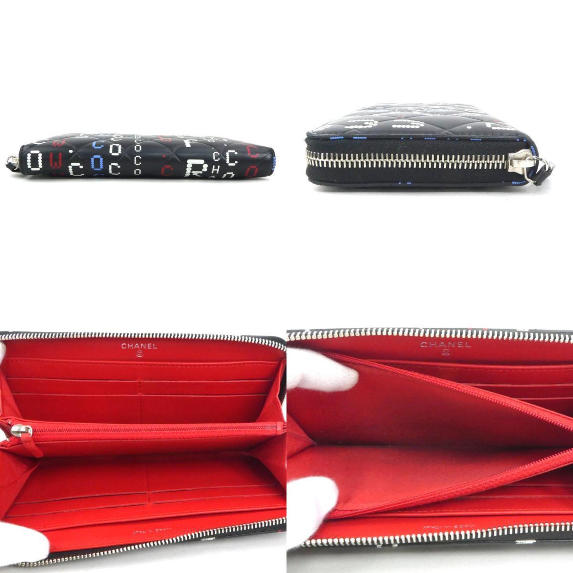 Chanel Black Blue Red Color White Leather Long Wallet (Bi-Fold) (Pre-Owned)