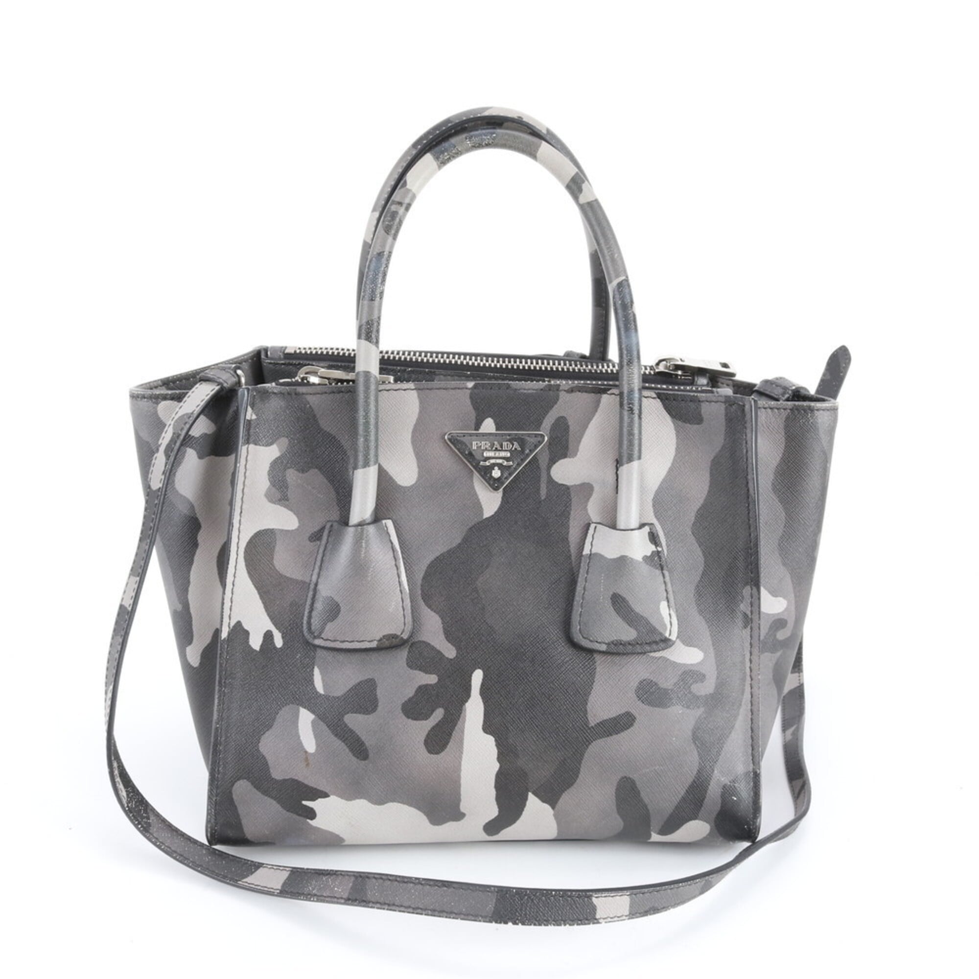 Prada Saffiano Black Gray Leather Shoulder Bag (Pre-Owned)
