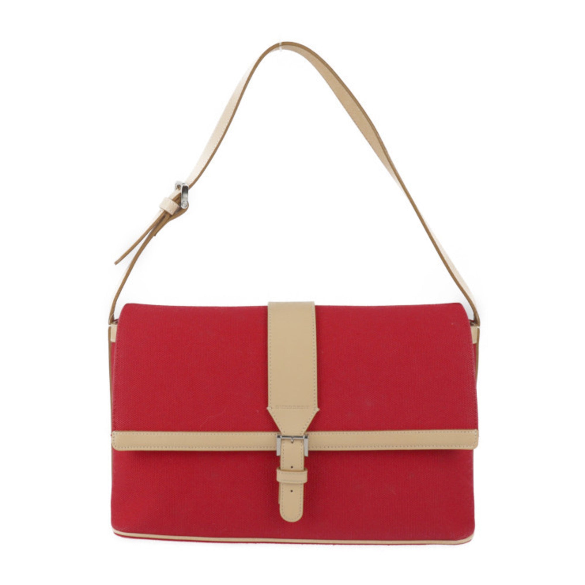 Burberry Beige Red Color Canvas Leather Handbag Shoulder Bag Tote Bag (Pre-Owned)