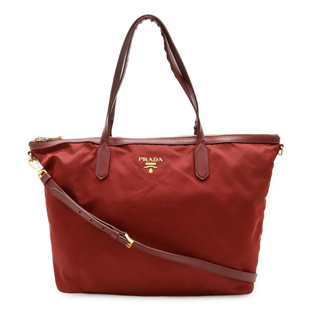 Prada Red Color Wine Nylon Leather Shoulder Bag Tote Bag (Pre-Owned)