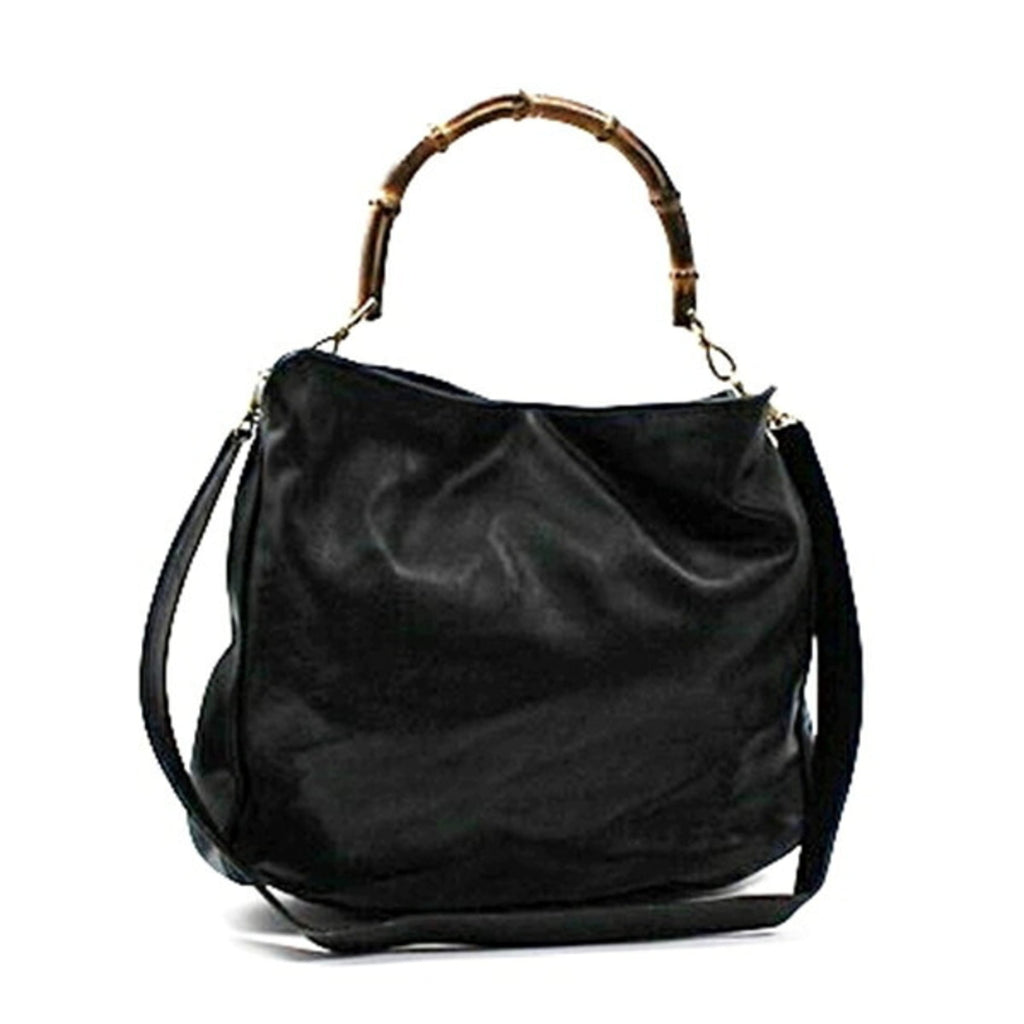 Gucci Bamboo Black Gray Leather Shoulder Bag (Pre-Owned)