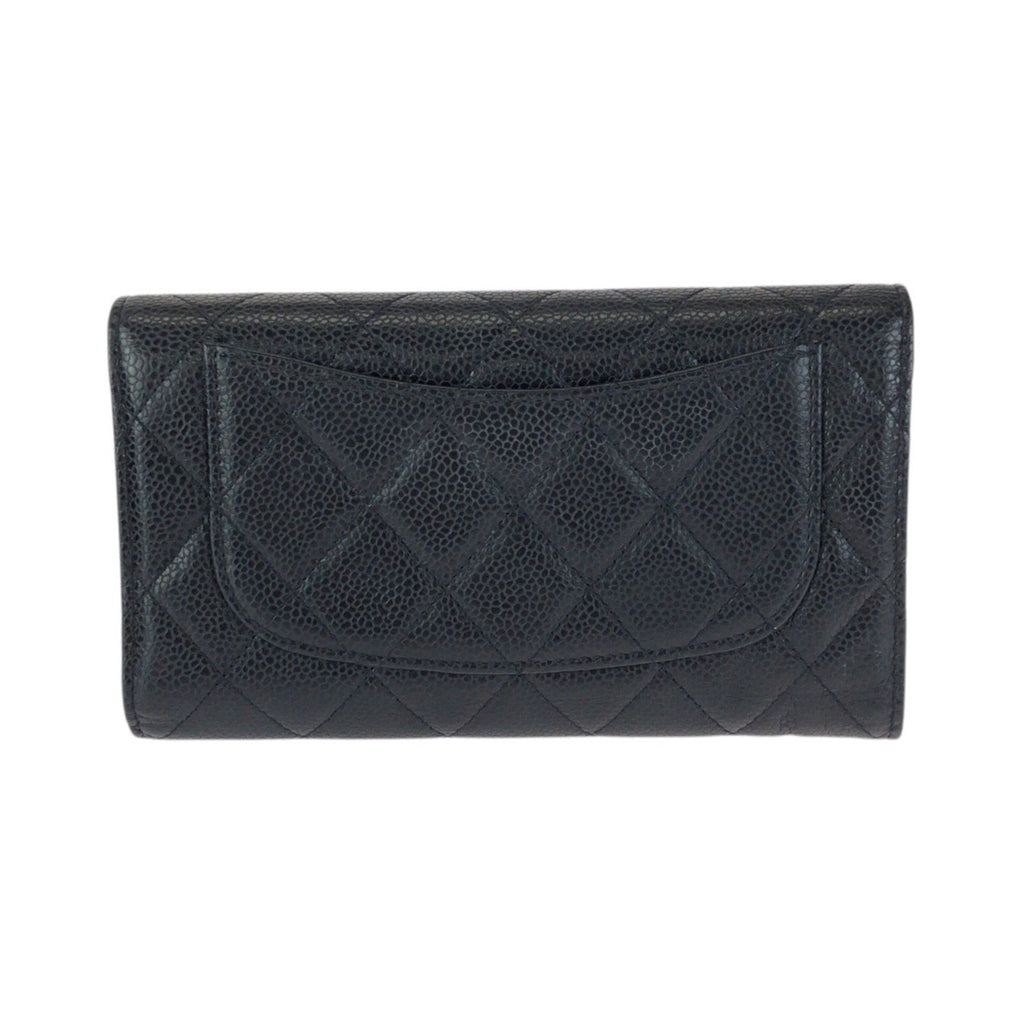 Chanel Black Grained Calfskin Long Wallet (Tri-Fold) (Pre-Owned)