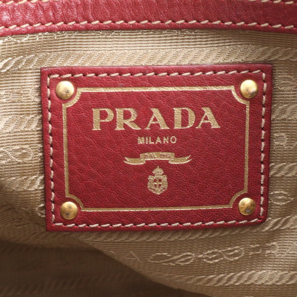Prada Beige Red Color Leather Handbag Shoulder Bag Tote Bag (Pre-Owned)