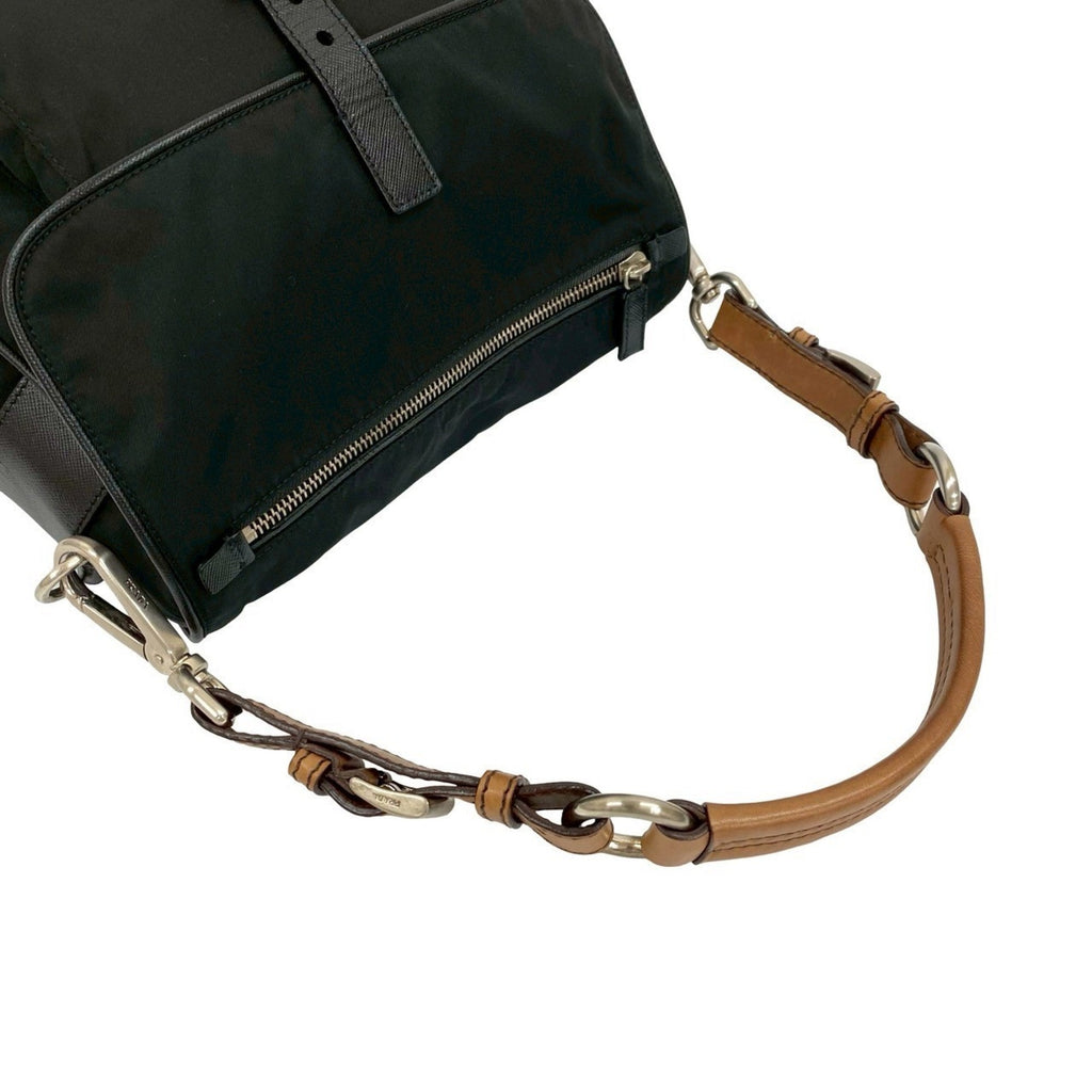 Prada Black Brown Leather Nylon Handbag Shoulder Bag (Pre-Owned)