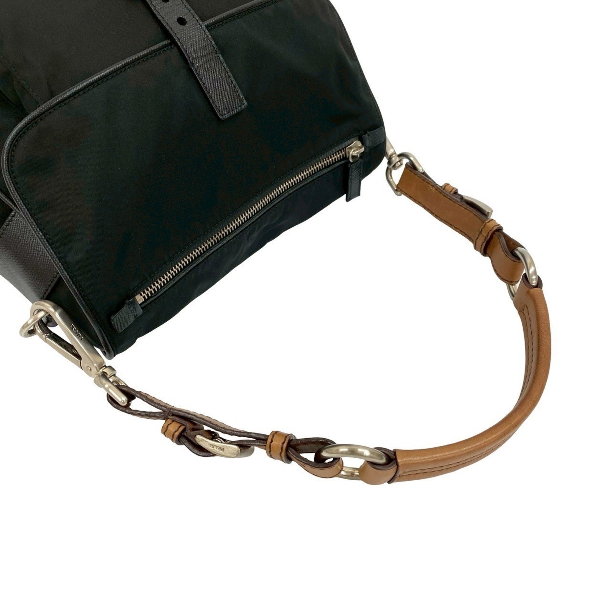 Prada Black Brown Leather Nylon Handbag Shoulder Bag (Pre-Owned)