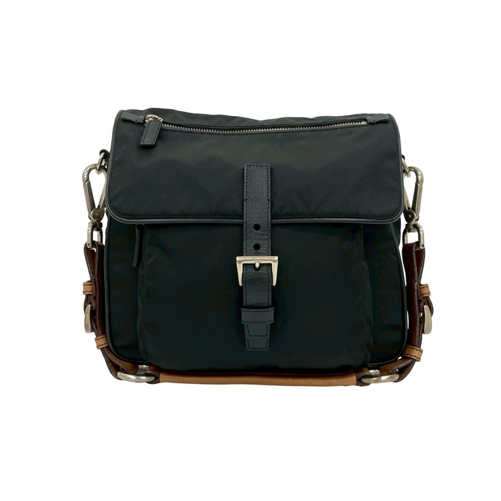 Prada Black Brown Leather Nylon Handbag Shoulder Bag (Pre-Owned)