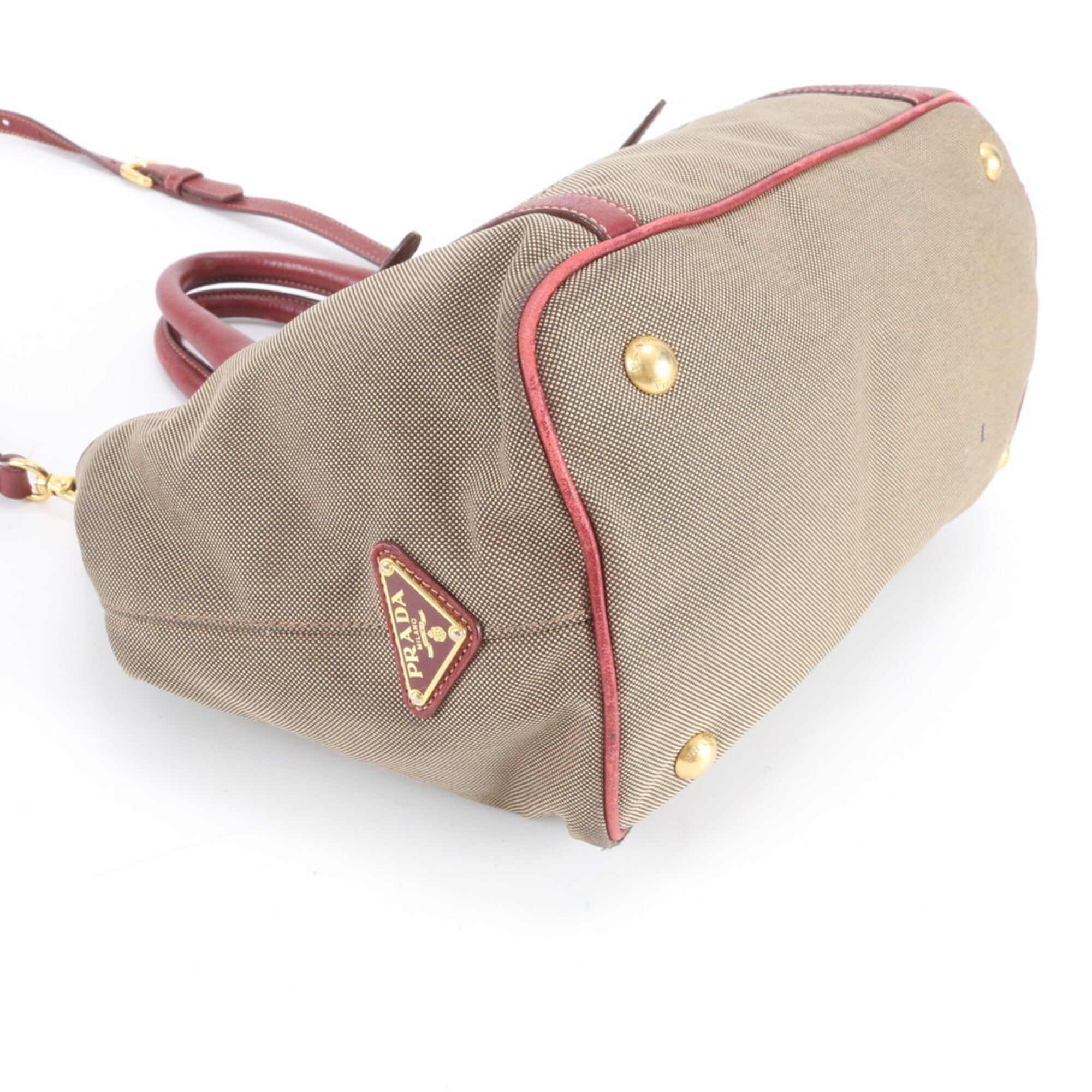 Prada Beige Red Color Leather Handbag Shoulder Bag Tote Bag (Pre-Owned)