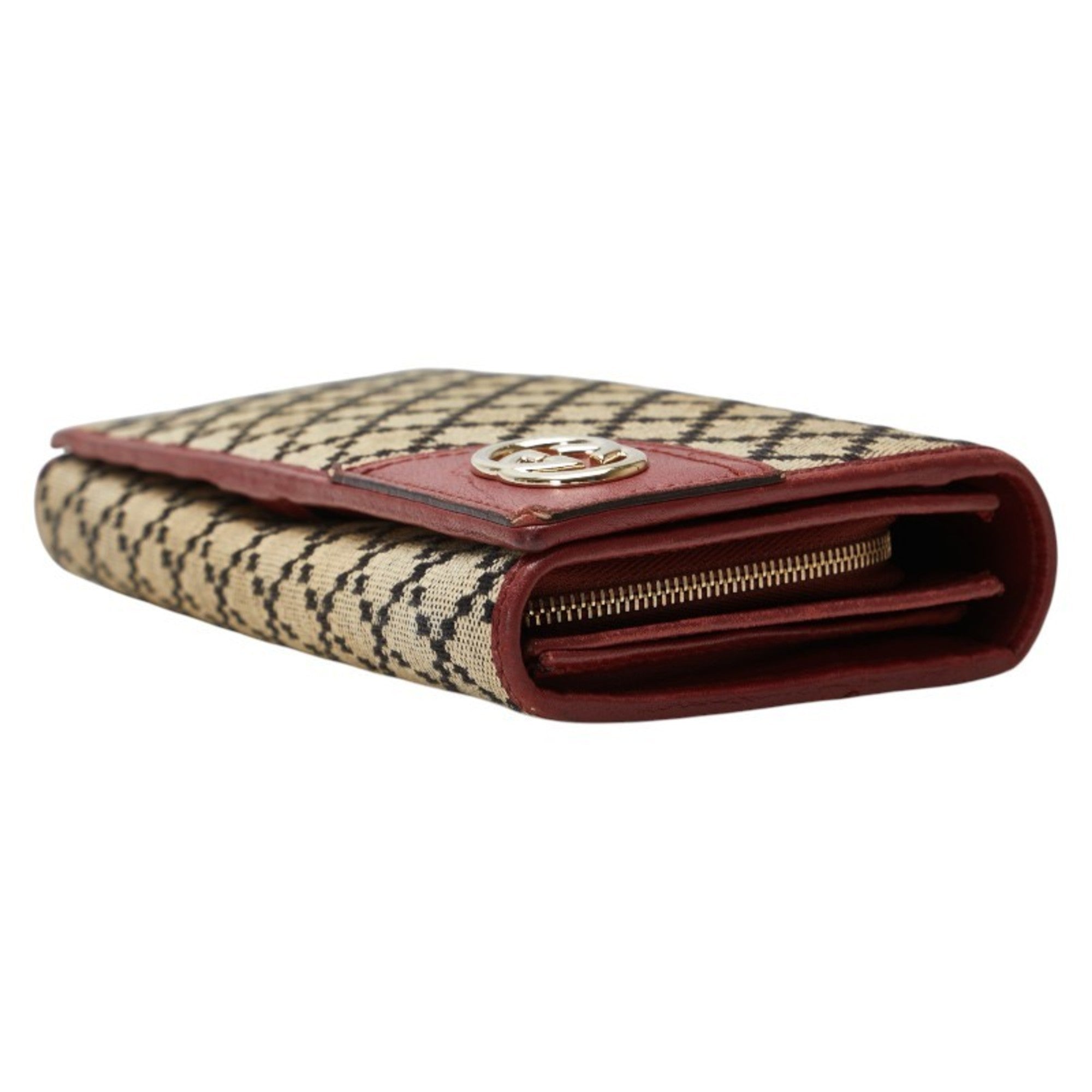 Gucci Beige Red Color Canvas Leather Long Wallet (Bi-Fold) (Pre-Owned)