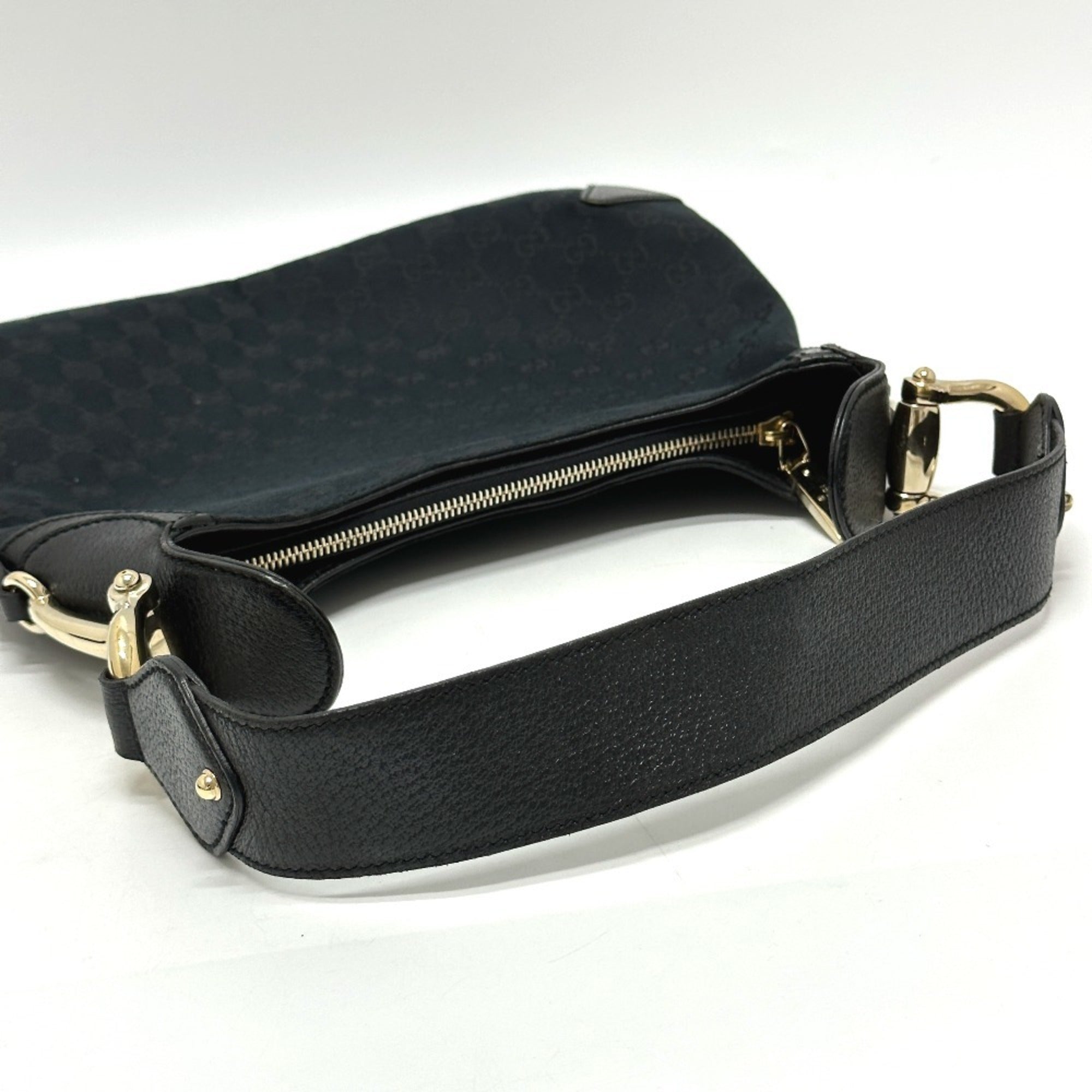 Gucci Horsebit Black Gg Canvas Leather Handbag Shoulder Bag (Pre-Owned)