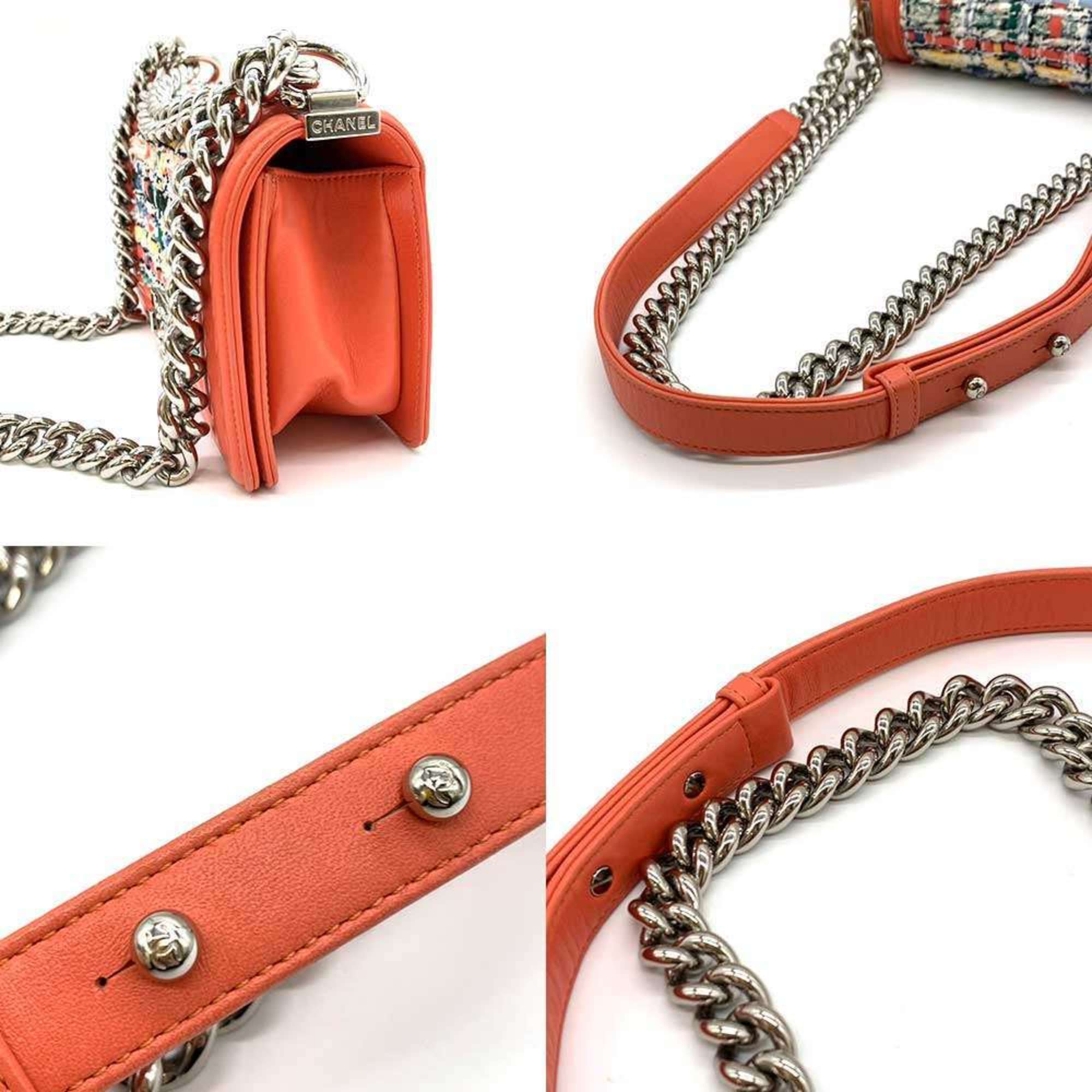 Chanel Boy Chanel Coral Orange Multi-Color Tweed Leather Shoulder Bag (Pre-Owned)