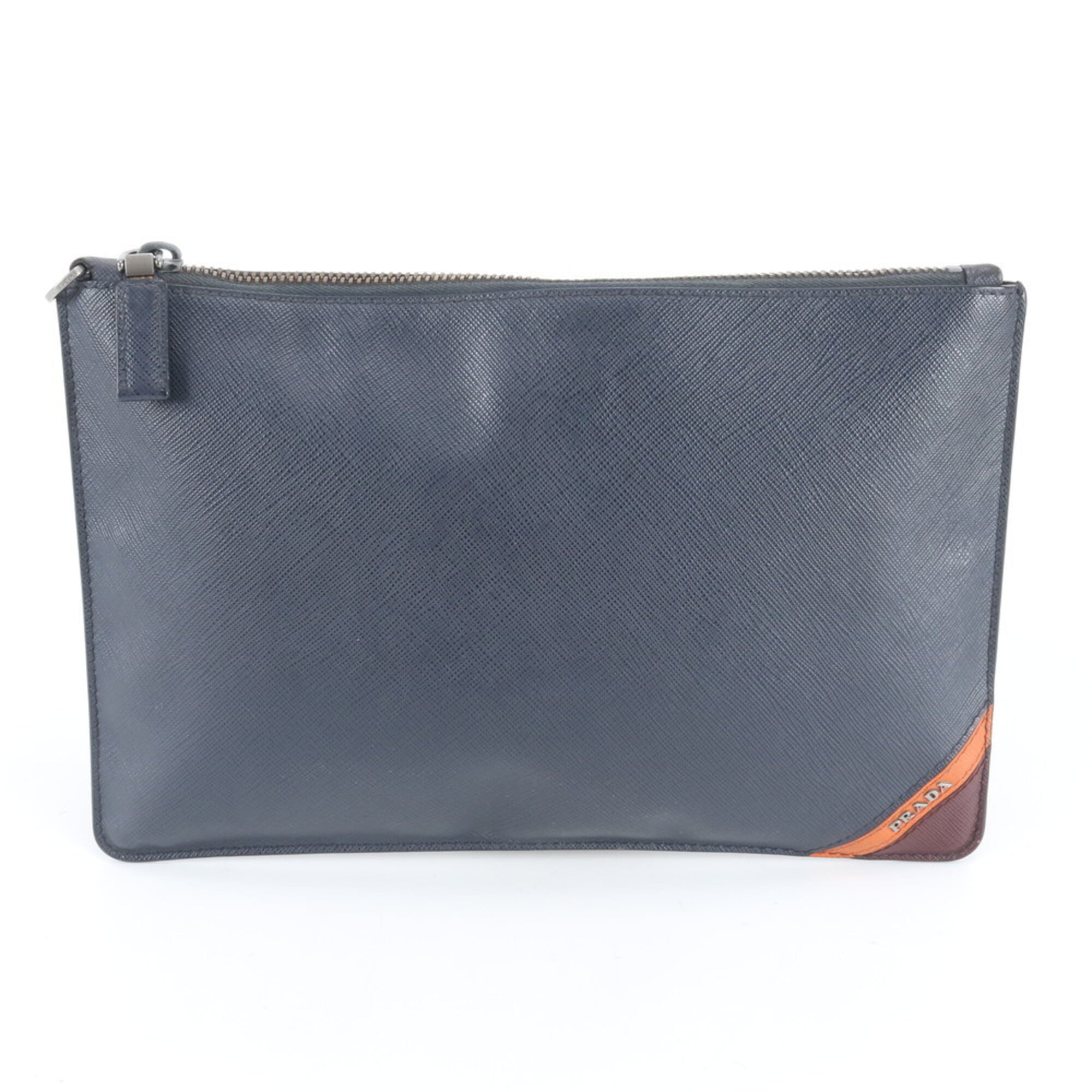 Prada Saffiano Brown Navy Leather Handbag (Pre-Owned)