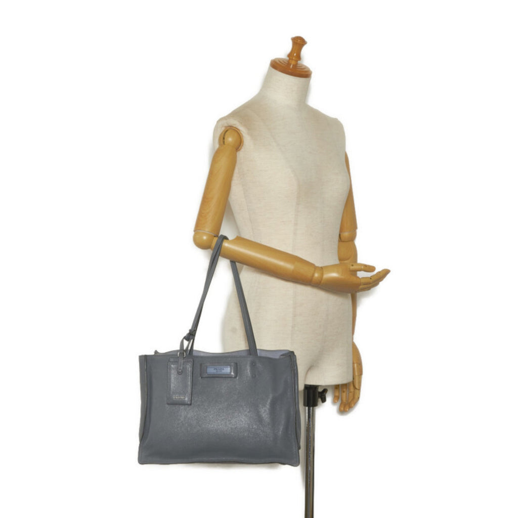 Prada Blue Light Blue Gray Leather Shoulder Bag Tote Bag (Pre-Owned)