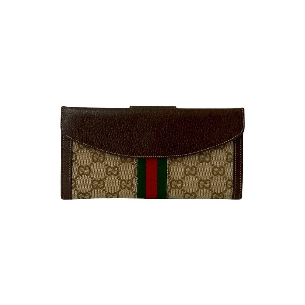 Gucci Brown Green Red Color Leather Canvas Long Wallet (Bi-Fold) (Pre-Owned)
