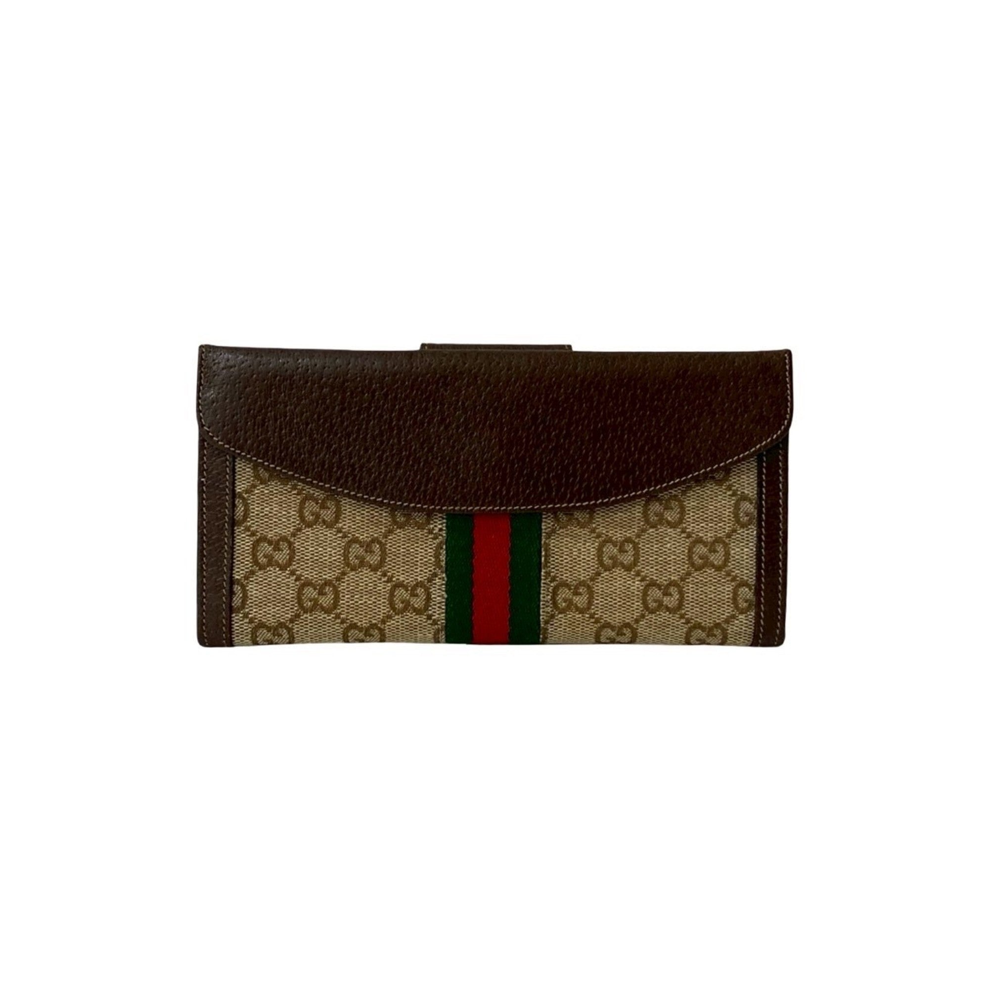 Gucci Brown Green Red Color Leather Canvas Long Wallet (Bi-Fold) (Pre-Owned)