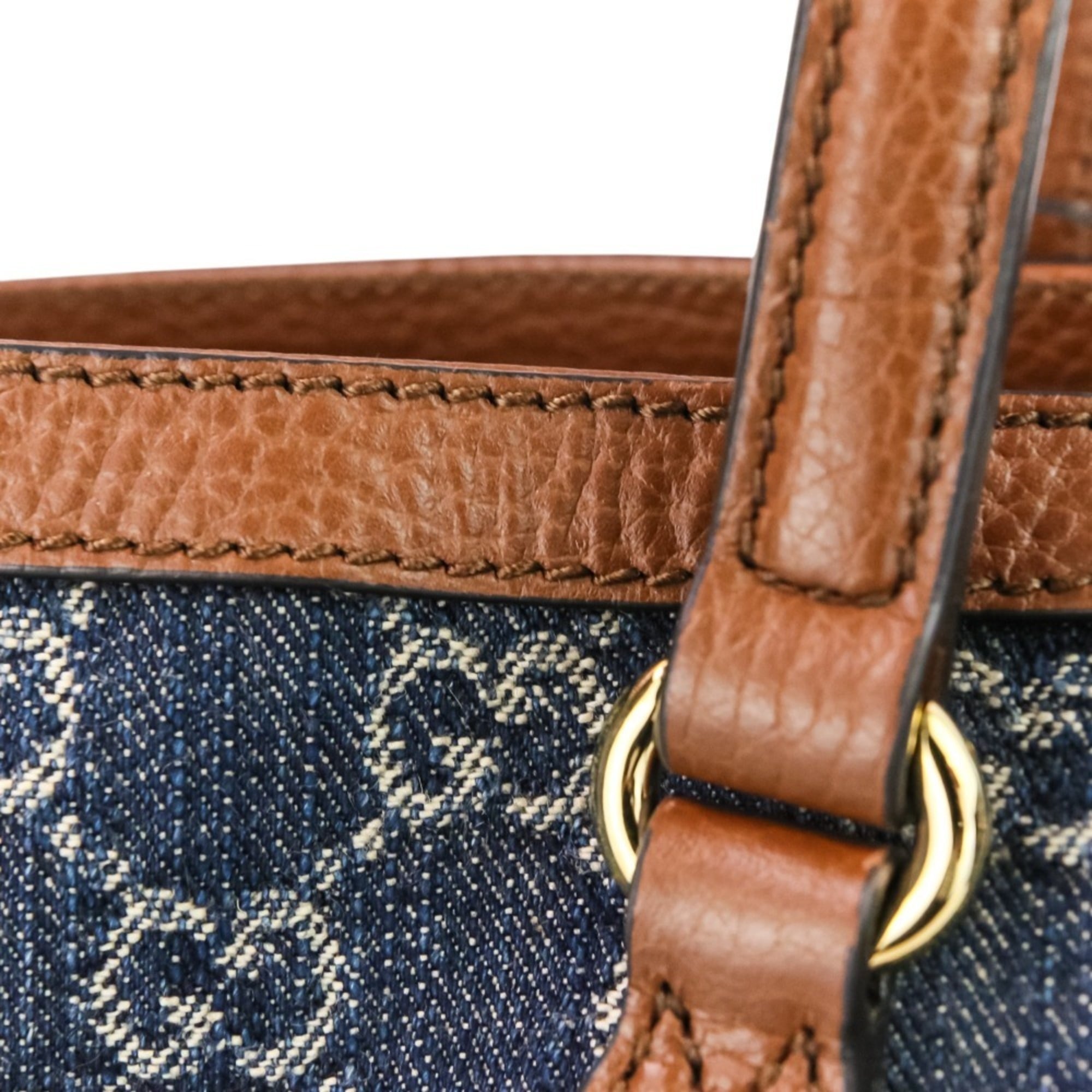 Gucci Brown Dark Blue Denim Leather Tote Bag (Pre-Owned)
