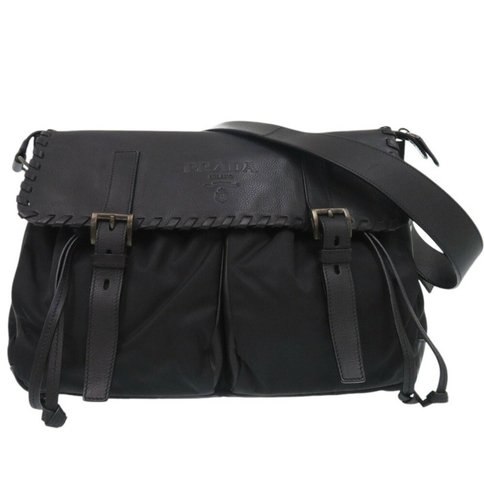 Prada Nero Leather Nylon Messenger Bag Shoulder Bag (Pre-Owned)