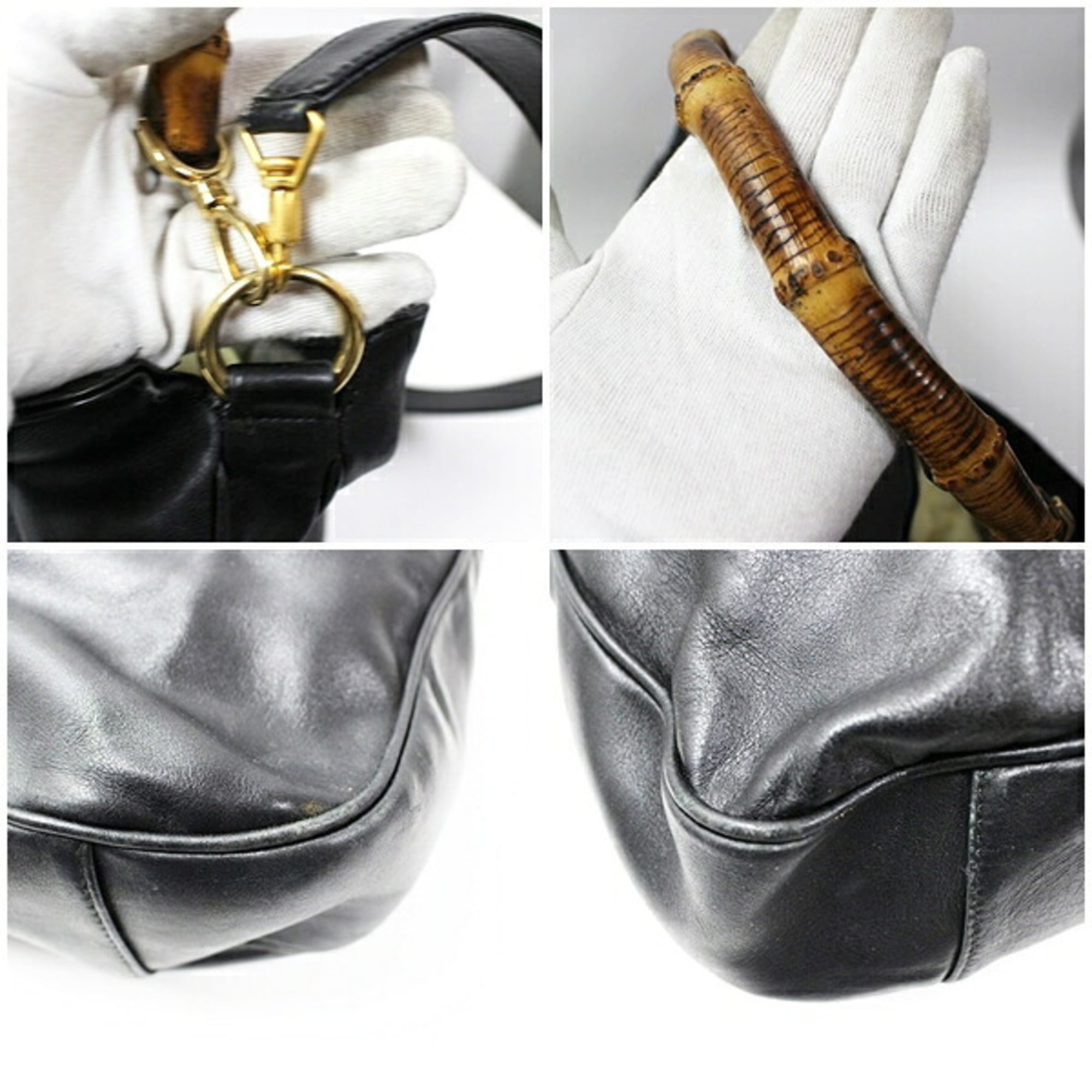 Gucci Bamboo Black Gray Leather Shoulder Bag (Pre-Owned)