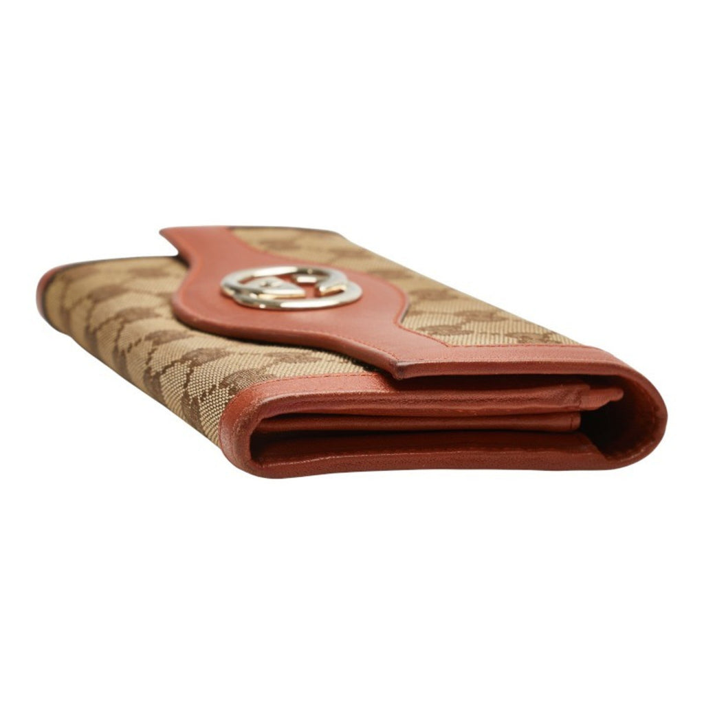Gucci Beige Brown Gg Canvas Leather Long Wallet (Bi-Fold) (Pre-Owned)