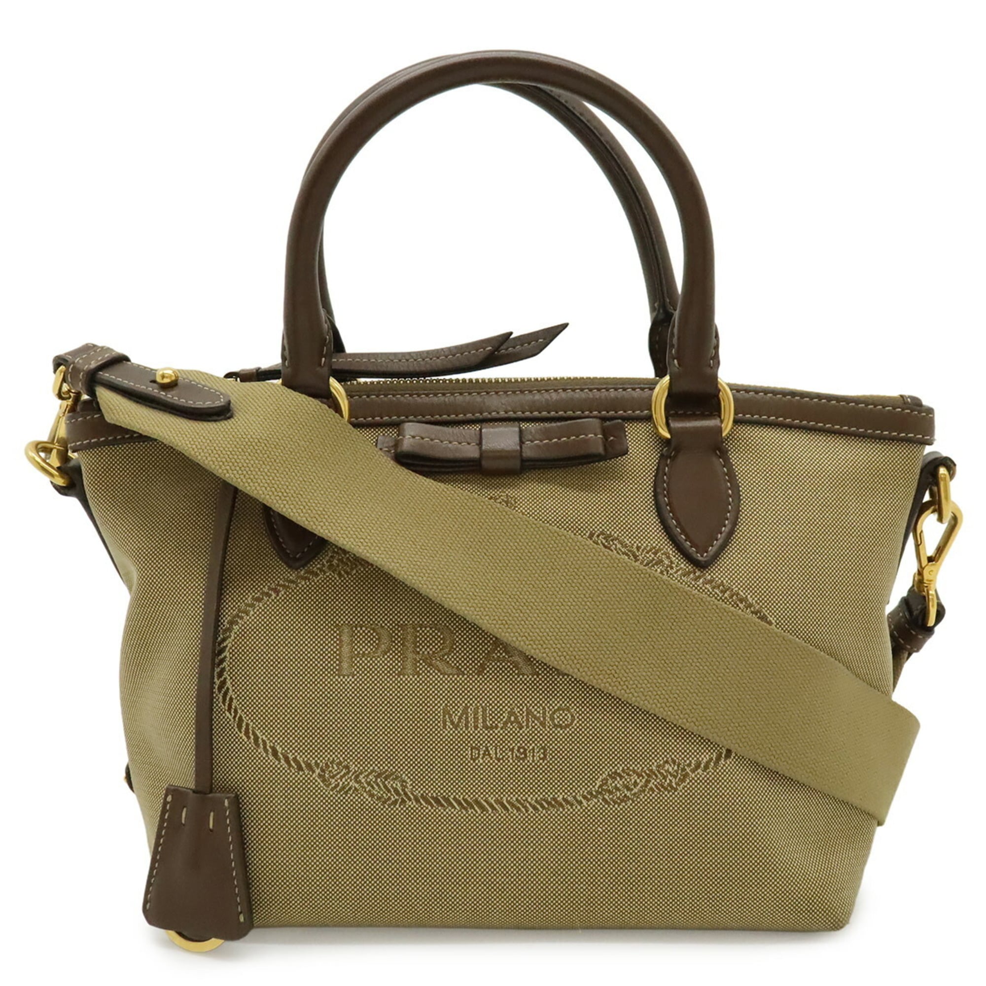 Prada Beige Dark Brown Khaki Canvas Leather Handbag Shoulder Bag (Pre-Owned)