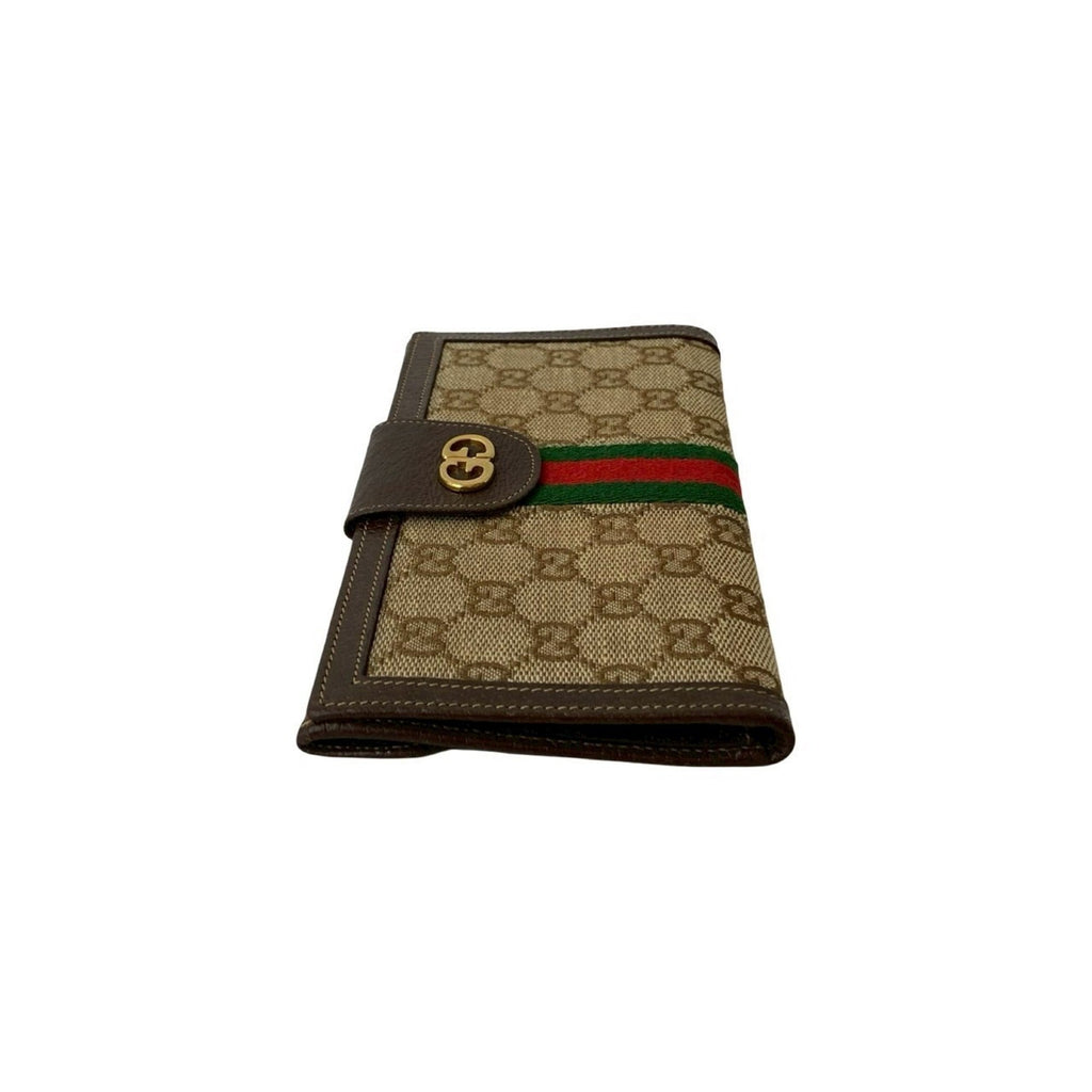 Gucci Brown Green Red Color Leather Canvas Long Wallet (Bi-Fold) (Pre-Owned)