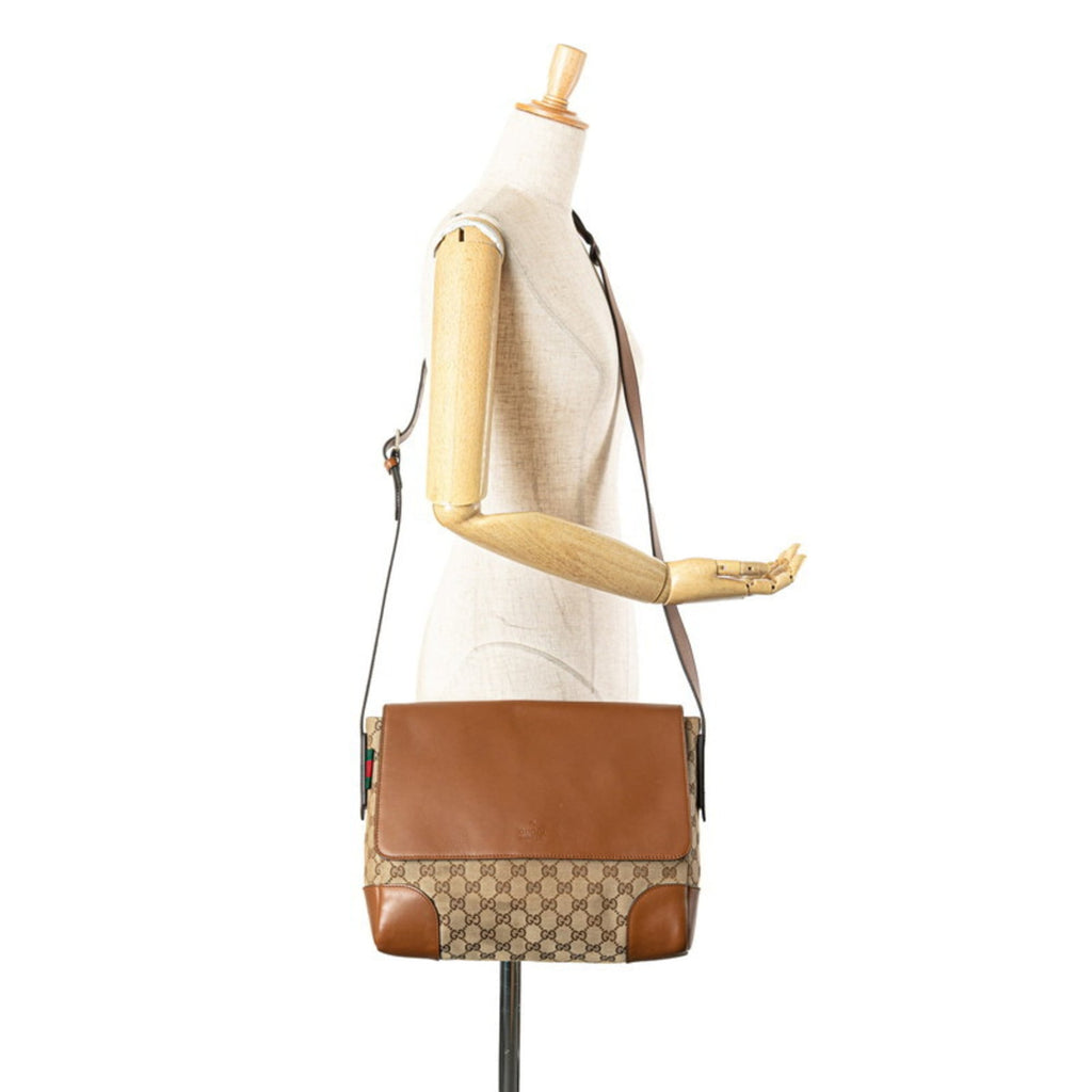 Gucci Beige Brown Canvas Leather Shoulder Bag (Pre-Owned)