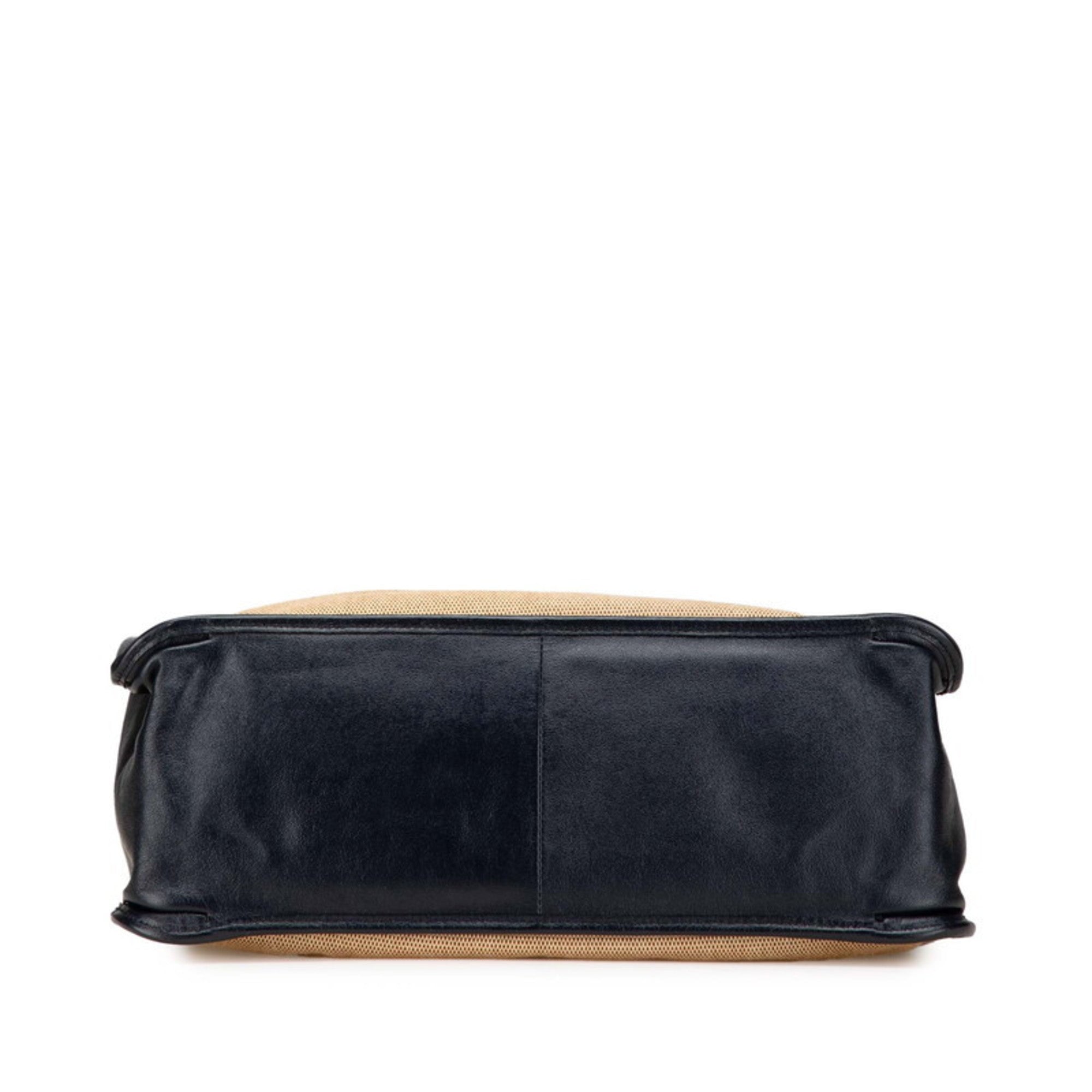 Gucci Beige Navy Canvas Leather Shoulder Bag Tote Bag (Pre-Owned)