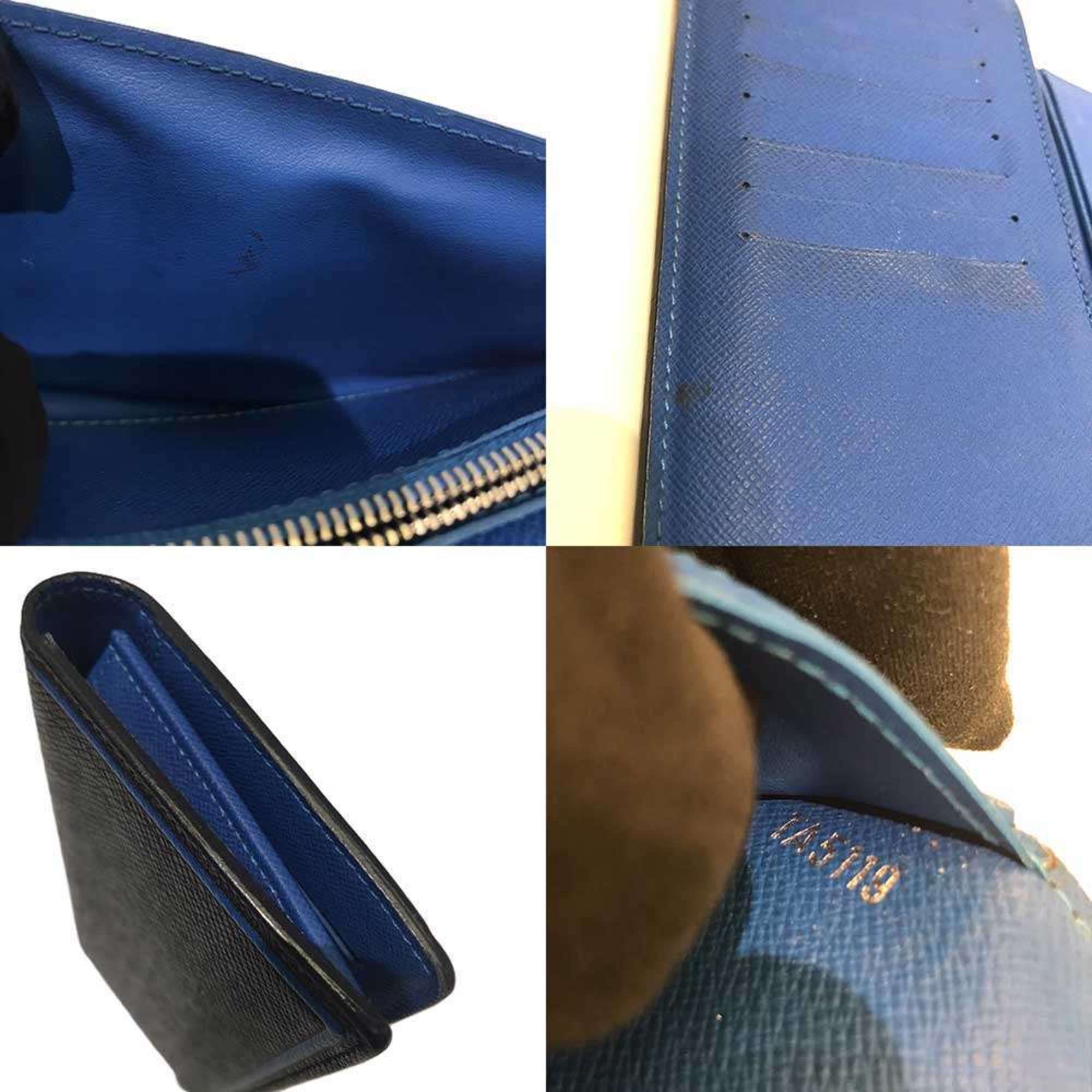 Louis Vuitton Black Blue Taiga Leather Long Wallet (Bi-Fold) (Pre-Owned)