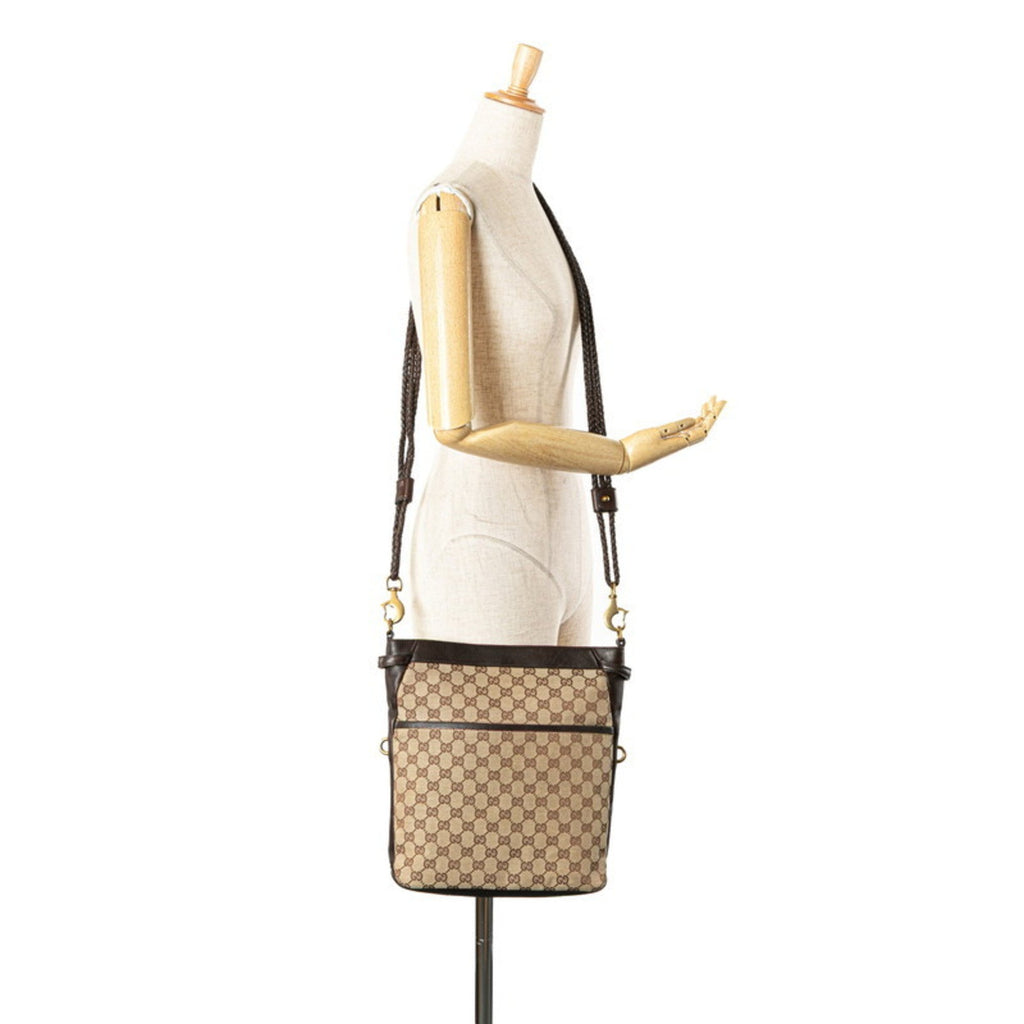 Gucci Beige Brown Canvas Leather Shoulder Bag (Pre-Owned)