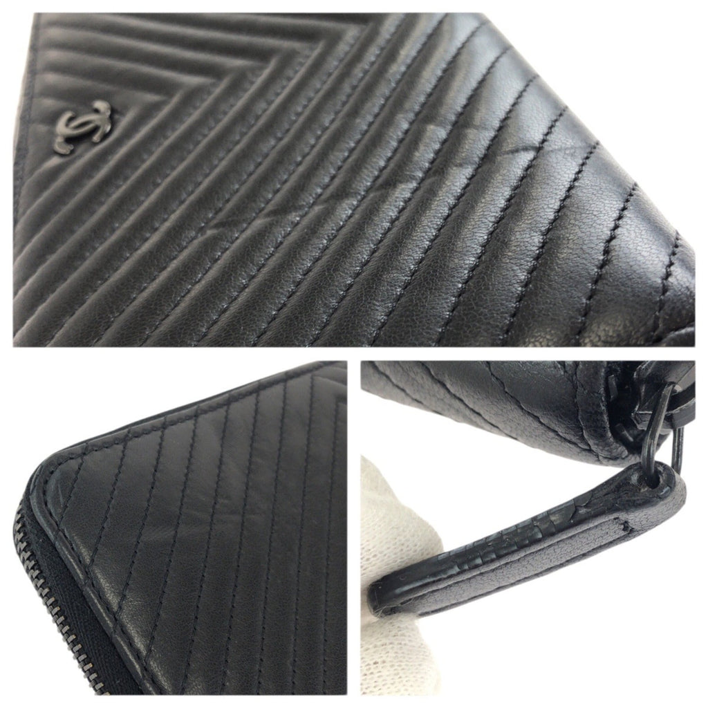 Chanel Black Leather Long Wallet (Bi-Fold) (Pre-Owned)