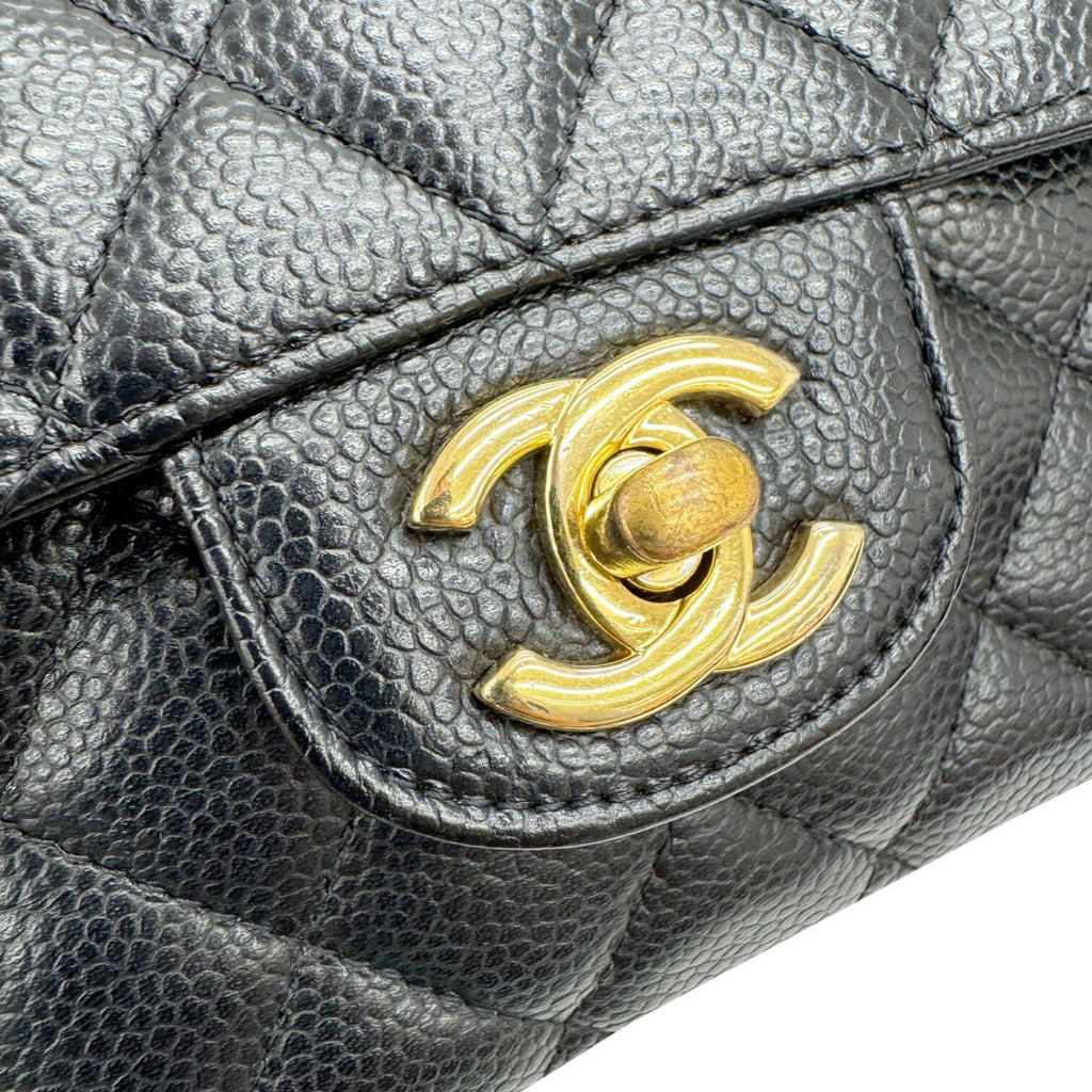 Chanel Gold Black Grained Calfskin Leather Chain/Shoulder Wallet (Pre-Owned)
