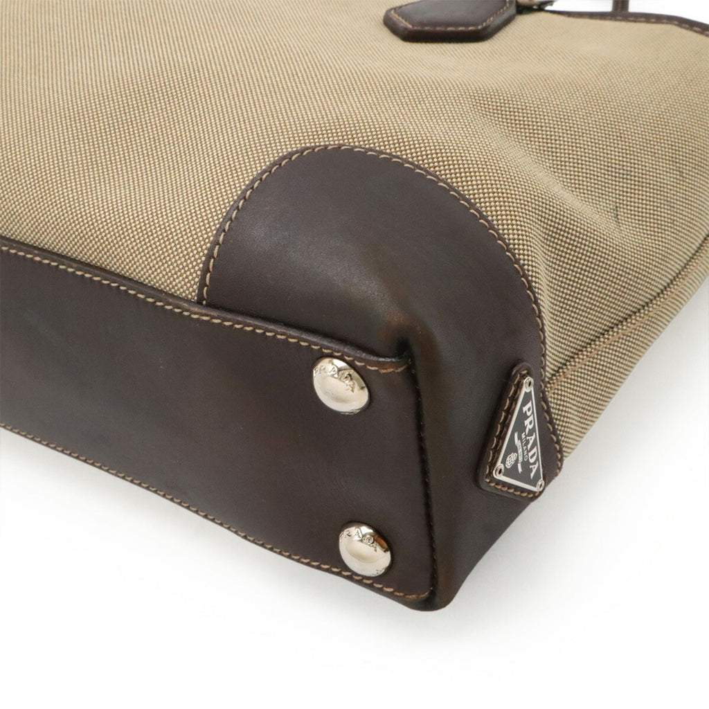 Prada Beige Dark Brown Khaki Canvas Leather Handbag Shoulder Bag (Pre-Owned)