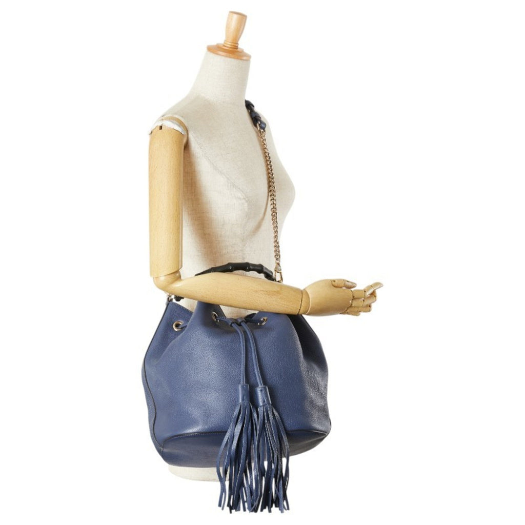 Gucci Bamboo Navy Leather Handbag Shoulder Bag (Pre-Owned)