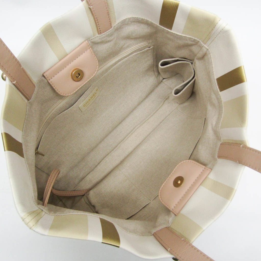 Chanel Multi-Color Pink Beige Canvas Leather Handbag Tote Bag (Pre-Owned)